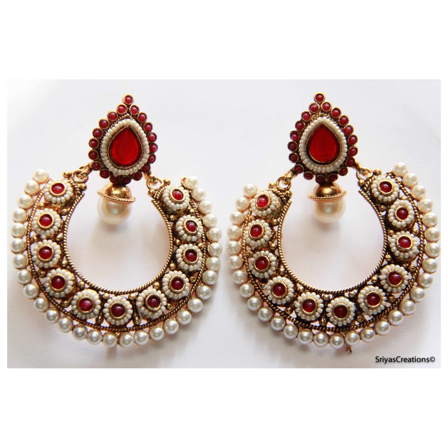 Red Drop Round Stone & Pearl studded Chand Bali Earrings
