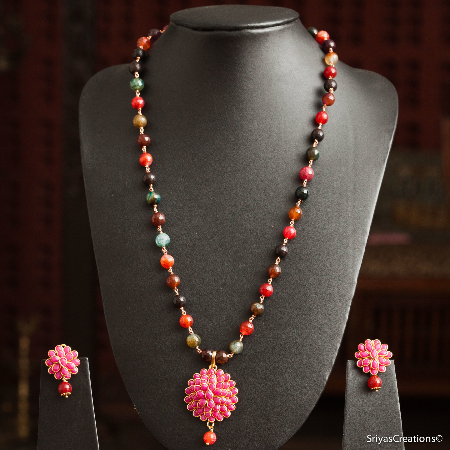 Pink Pachi Multi Color Gemstone Handmade Necklace Set