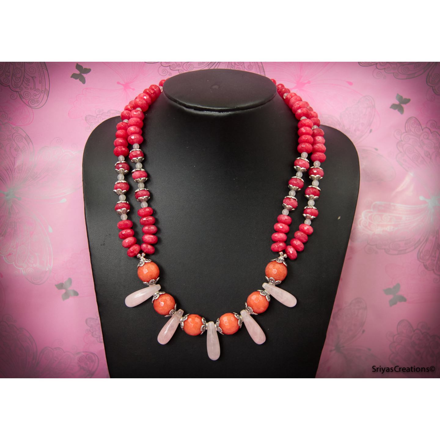 Rose Quartz Peach Layered Handmade Gemstone Necklace