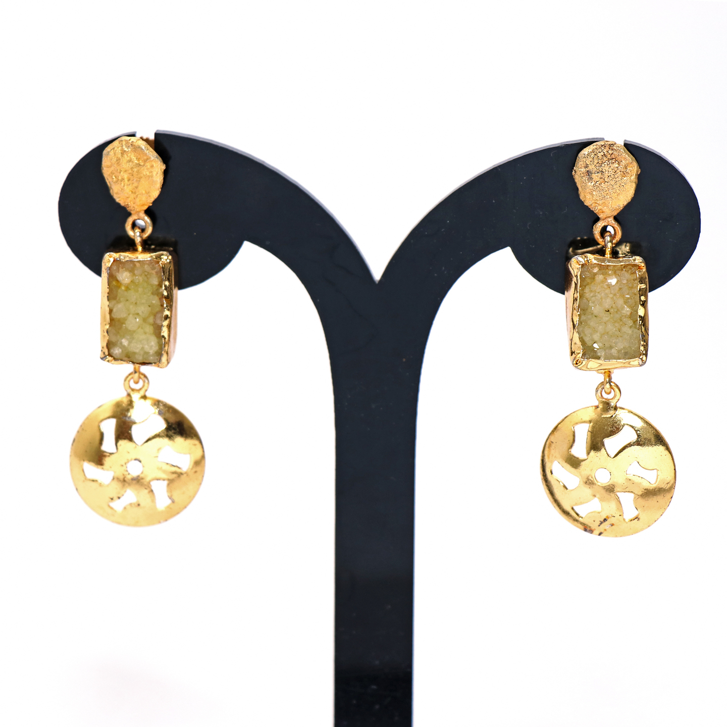 Yellow Stone Top Round Gold Handmade Dangler Earrings