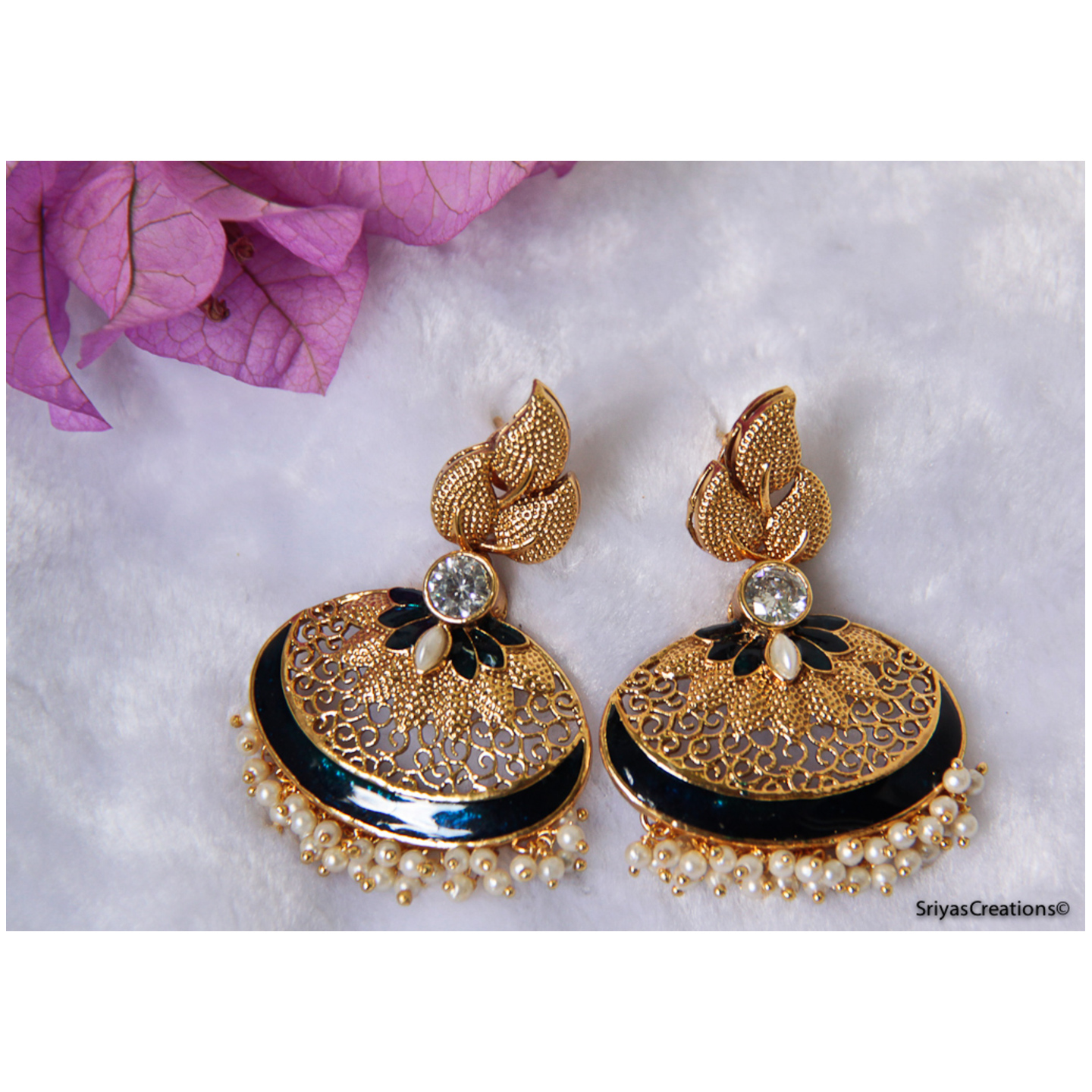 Leaf Kundan Blue Floral Enamel Oval Danglers
