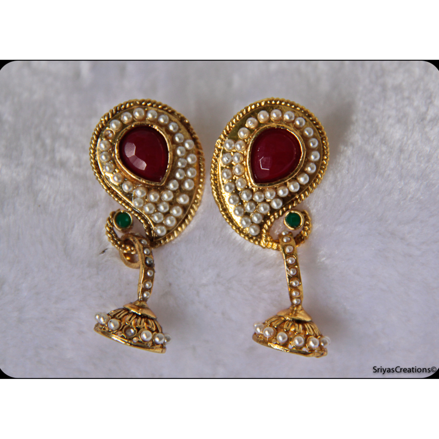 Red Green Mango Pearl Studded Jhumka