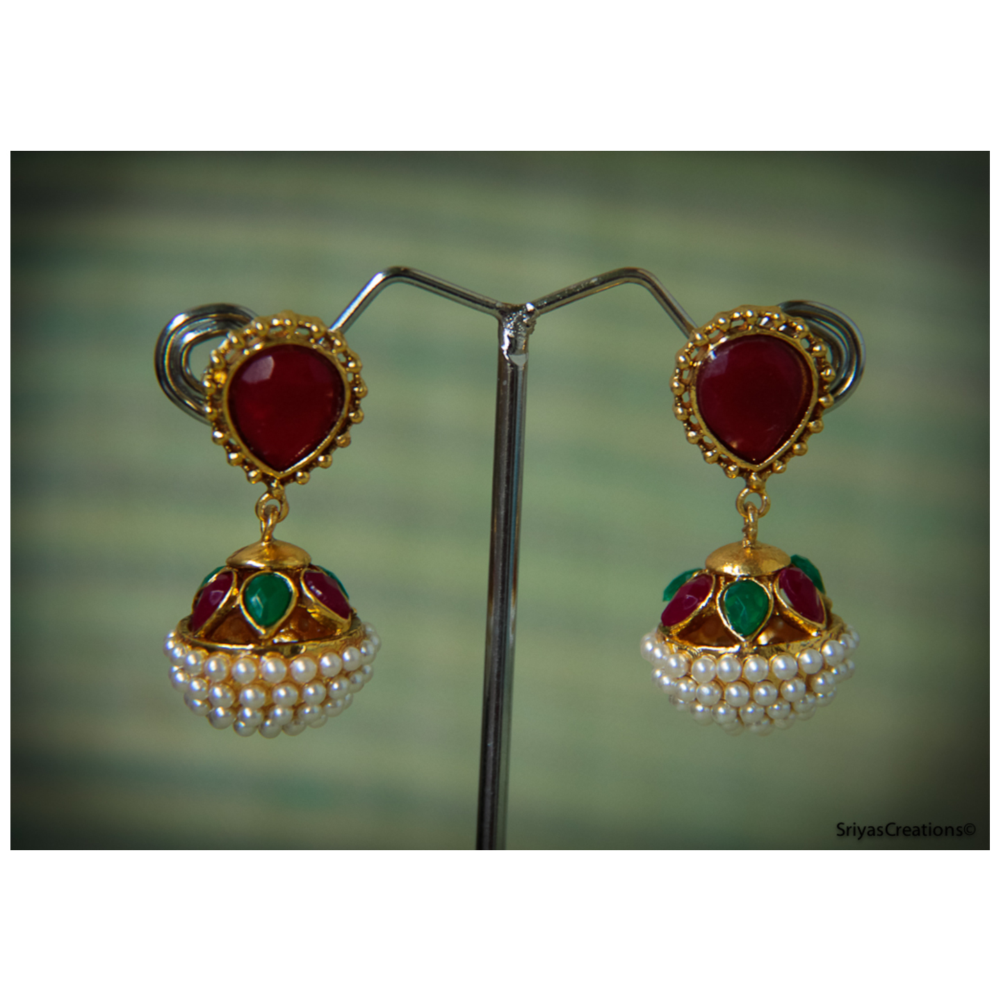 Red Green Pearl Drop Round Danglers
