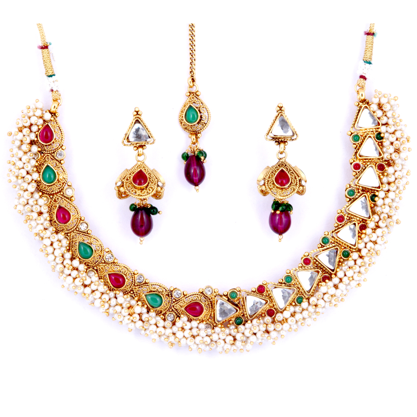 Red  Green Stone  Pearl Necklace  Earring