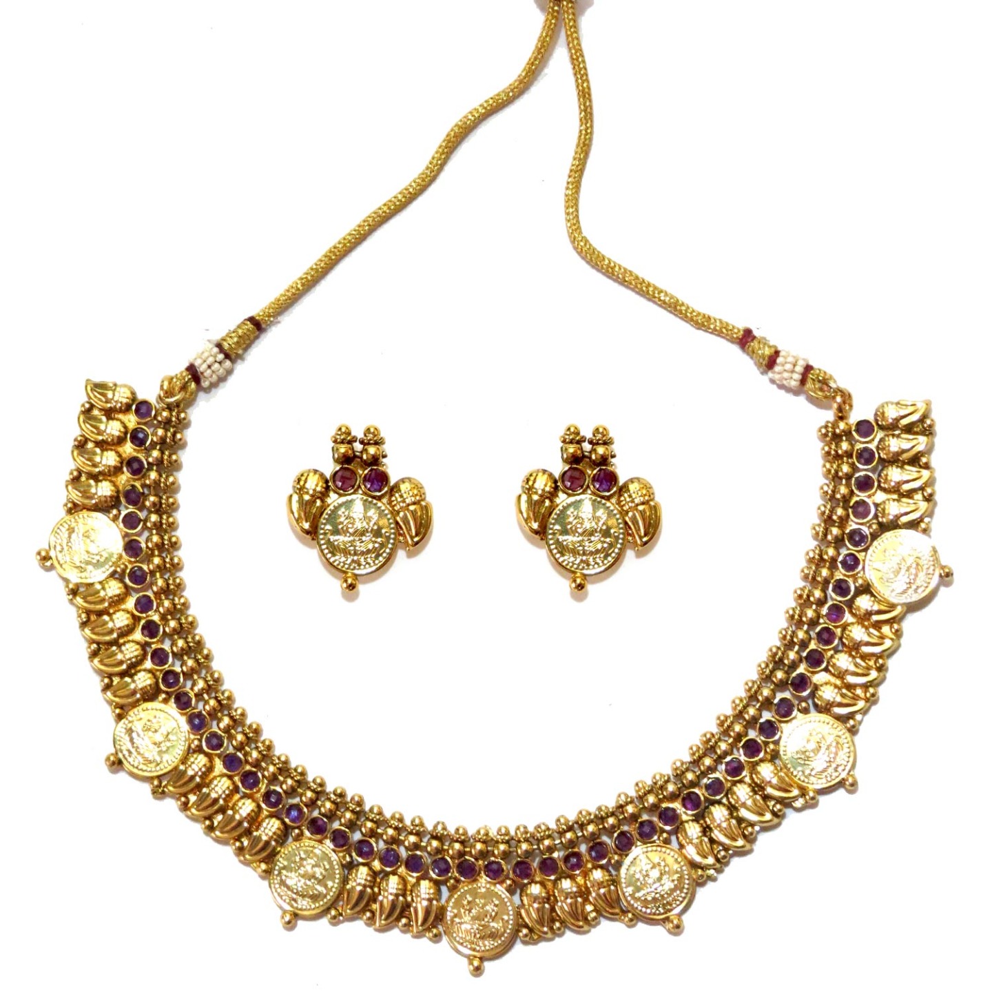 Traditional Beads and Coins Necklace Set - Purple