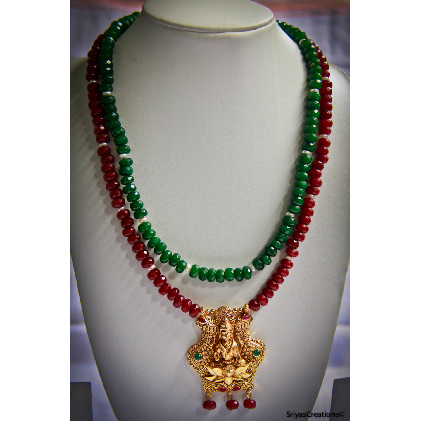 Red Green Multi Layered Lakshmi Necklace Set