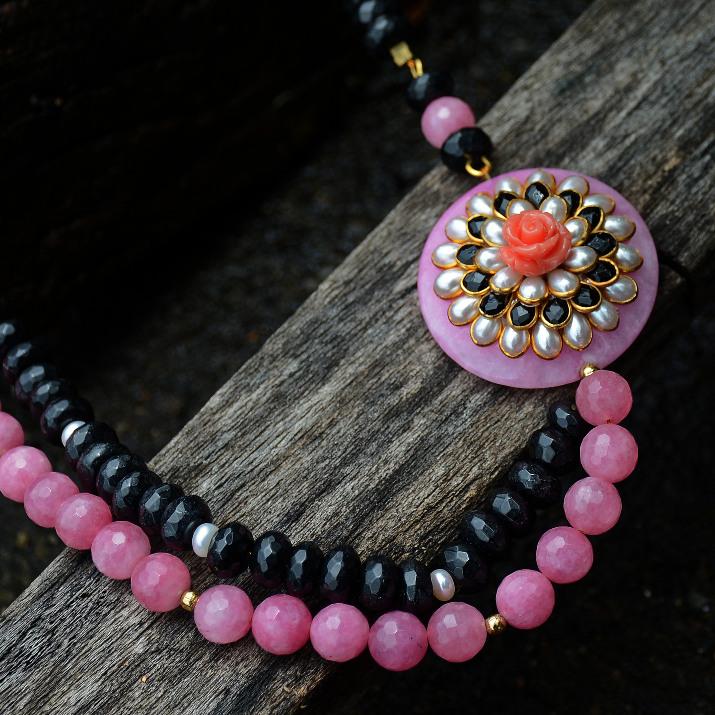Pink Black Floral Pachi Side Pendant Necklace