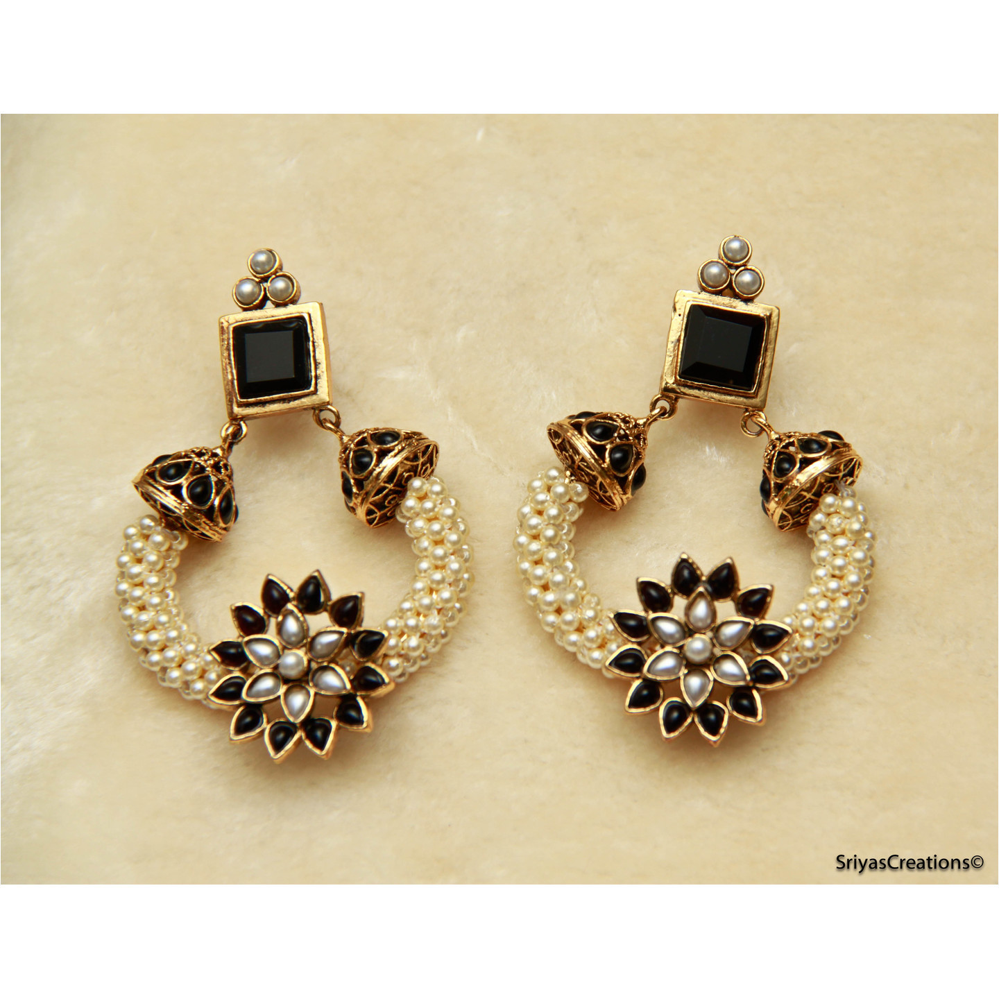 Black Pearl floral Round Square Earrings