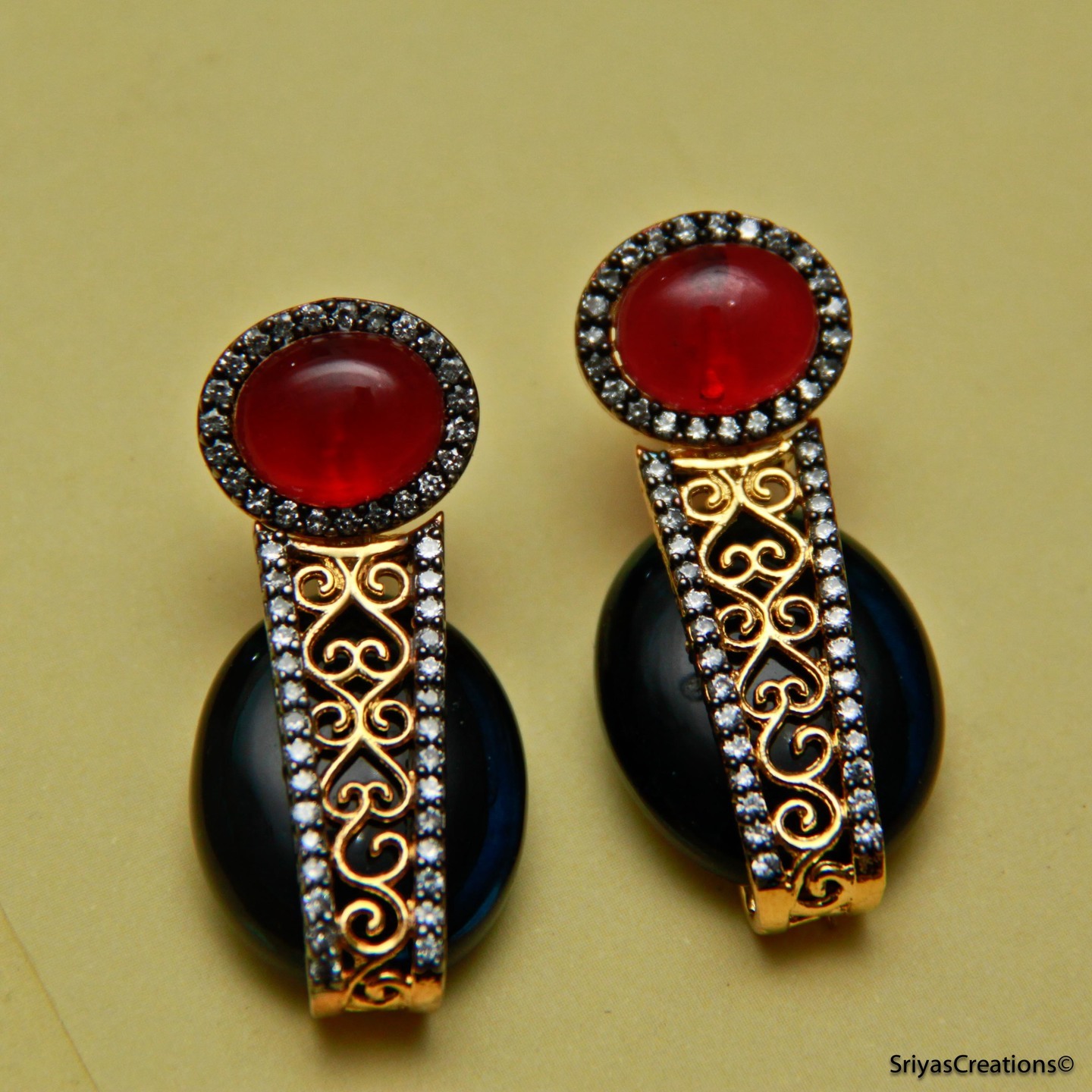 Black Oval Red Round Top Earrings