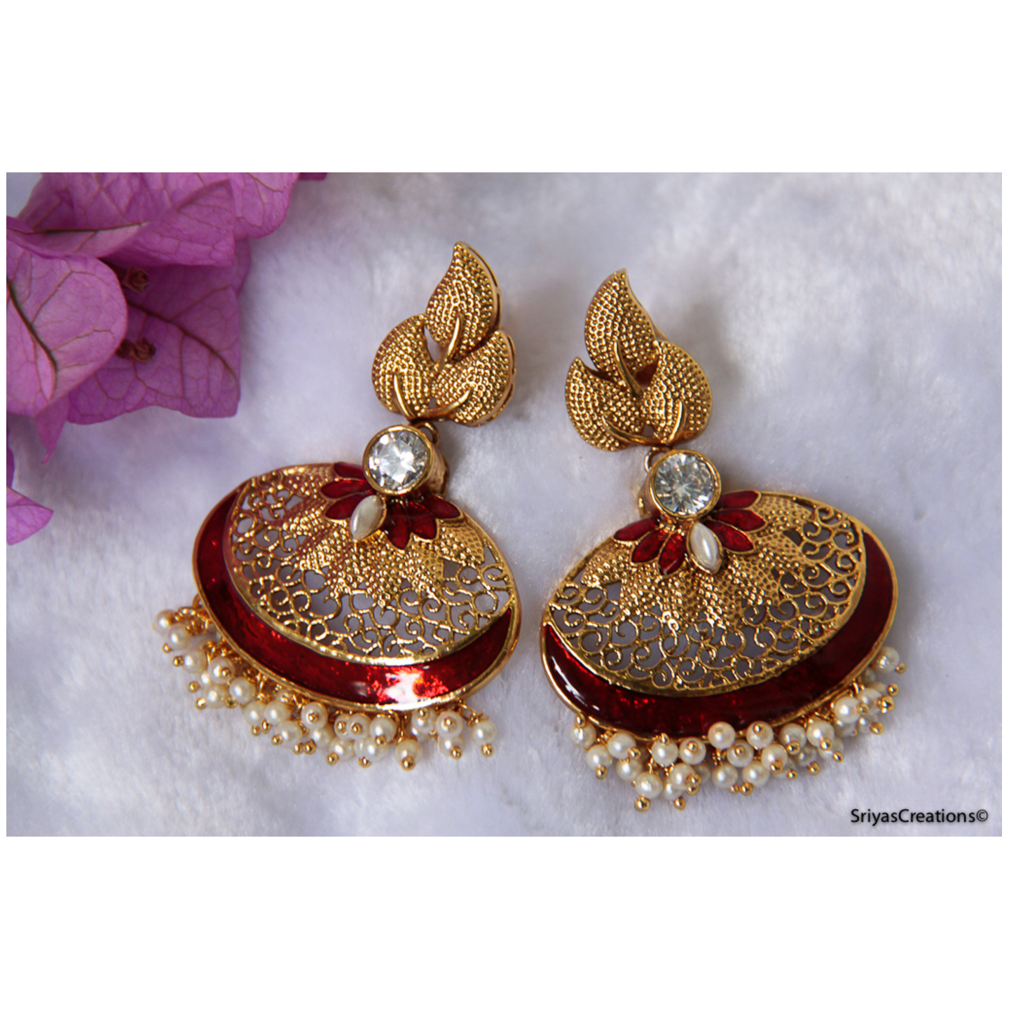 Leaf Kundan Red Floral Enamel Oval Danglers