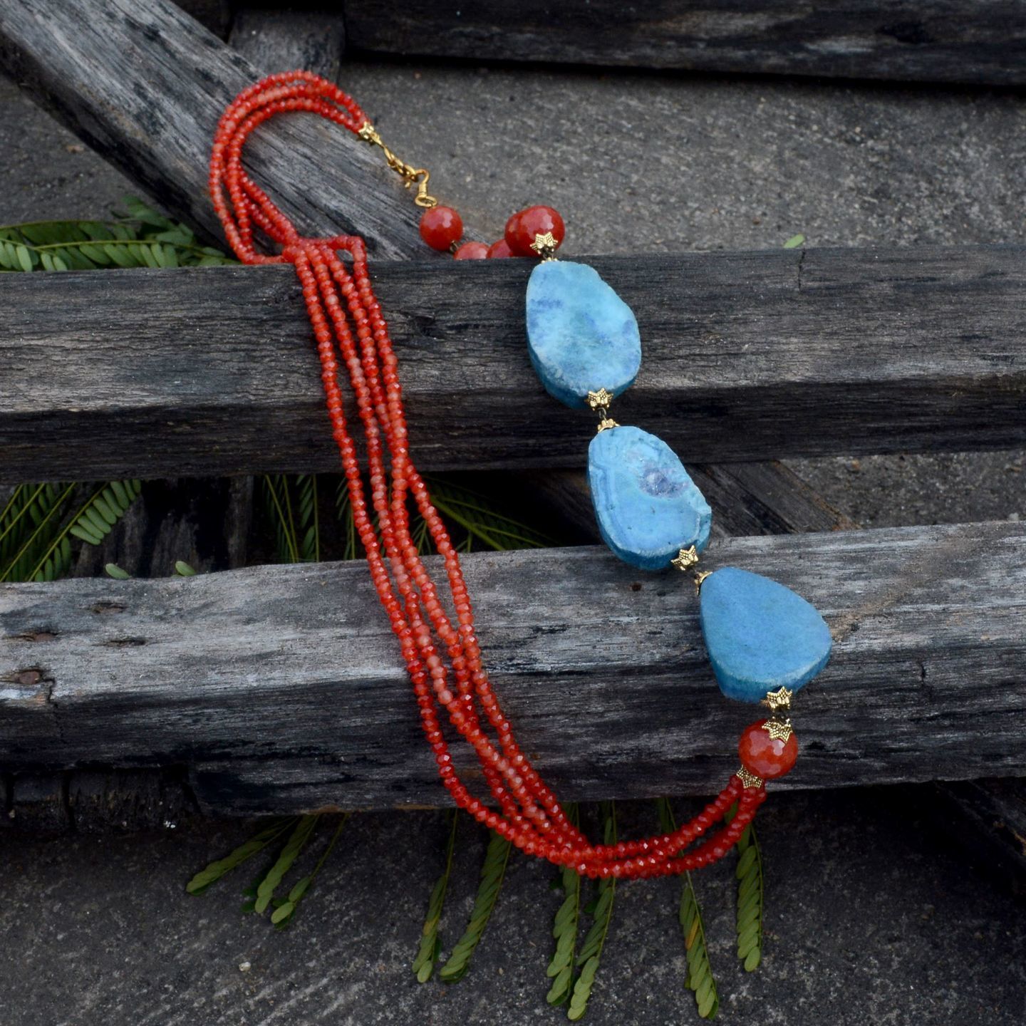 Orange Layered Blue Druzy Designer Handmade Necklace