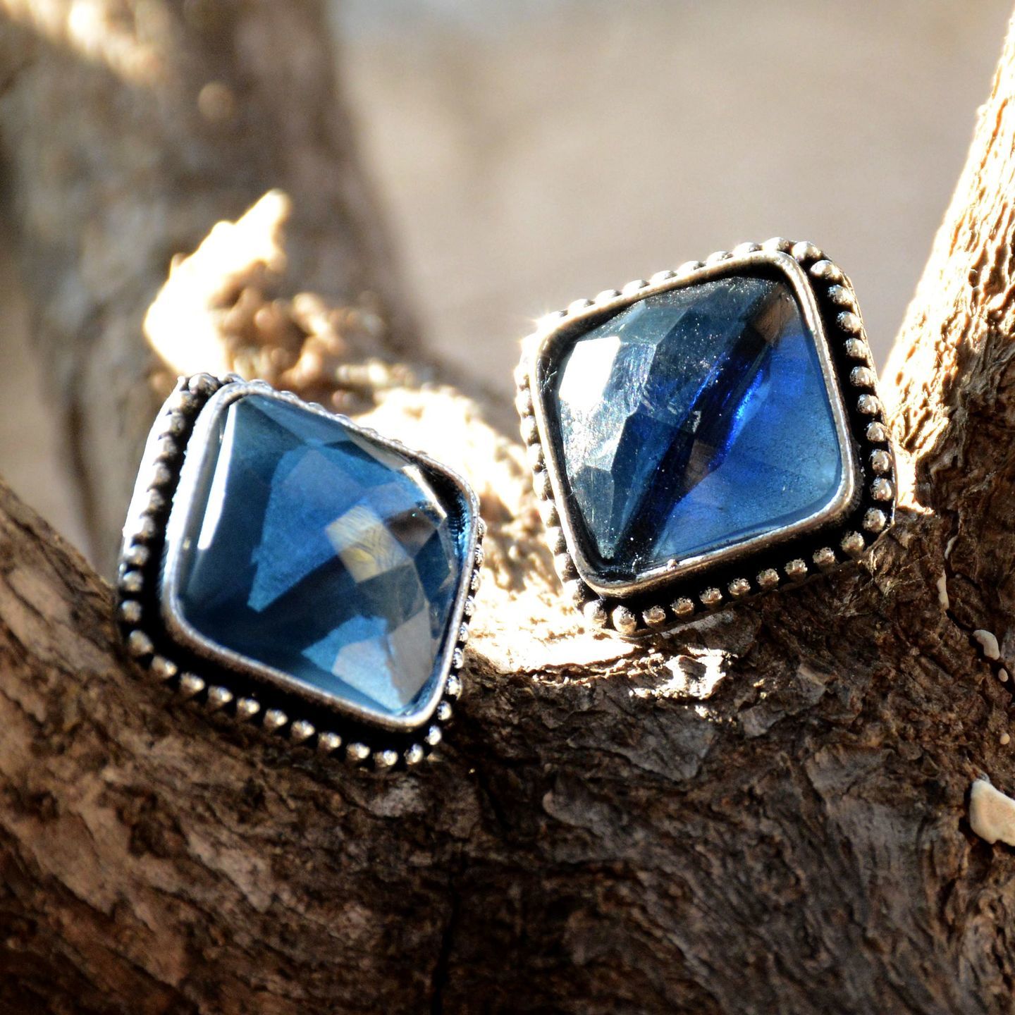 Navy Blue Silver Tone Square Ear Top