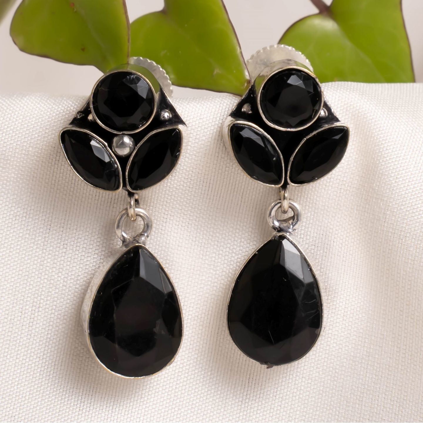 Black Three Stone Top Drop Earrings