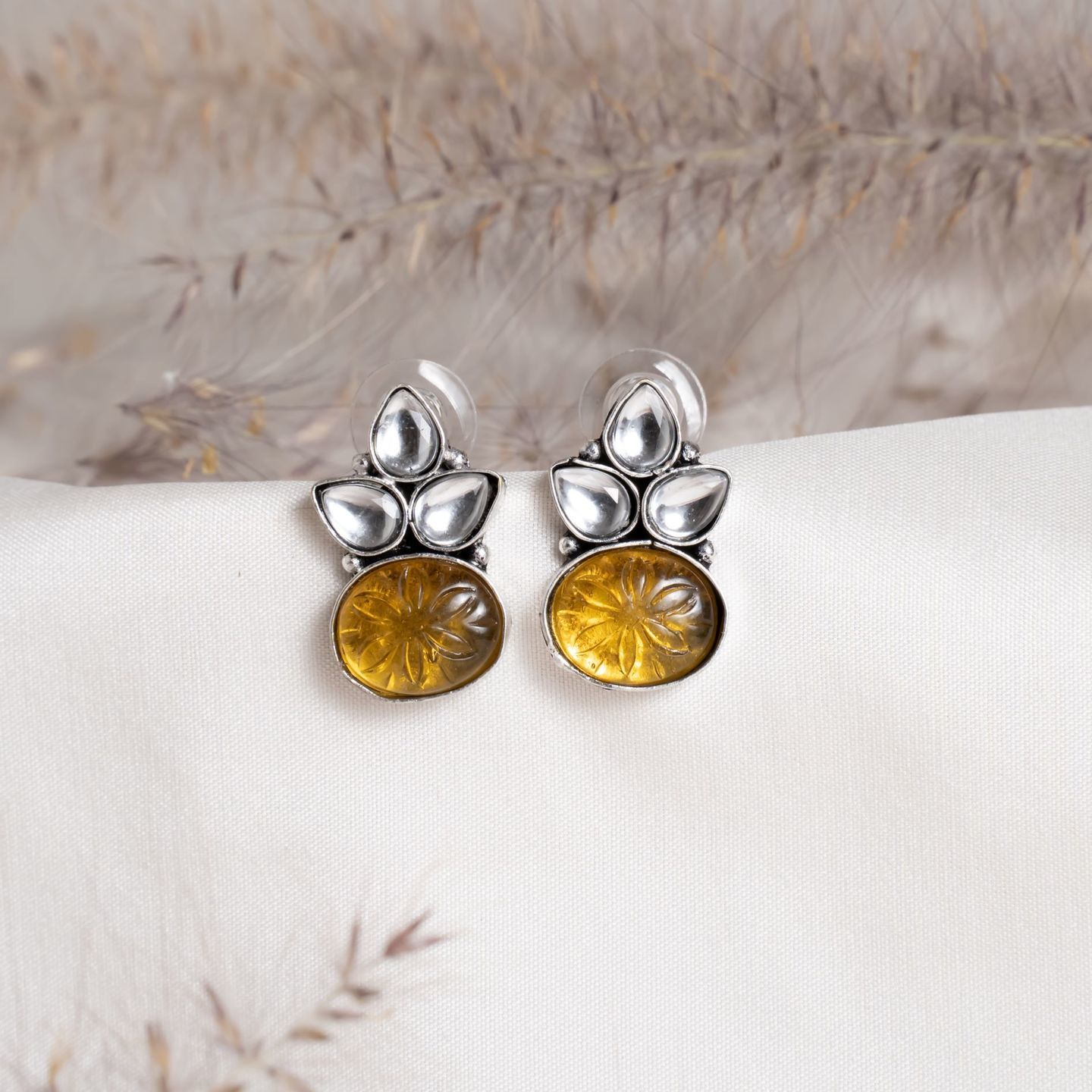 Honey Yellow Round & White Leaf shaped Stud