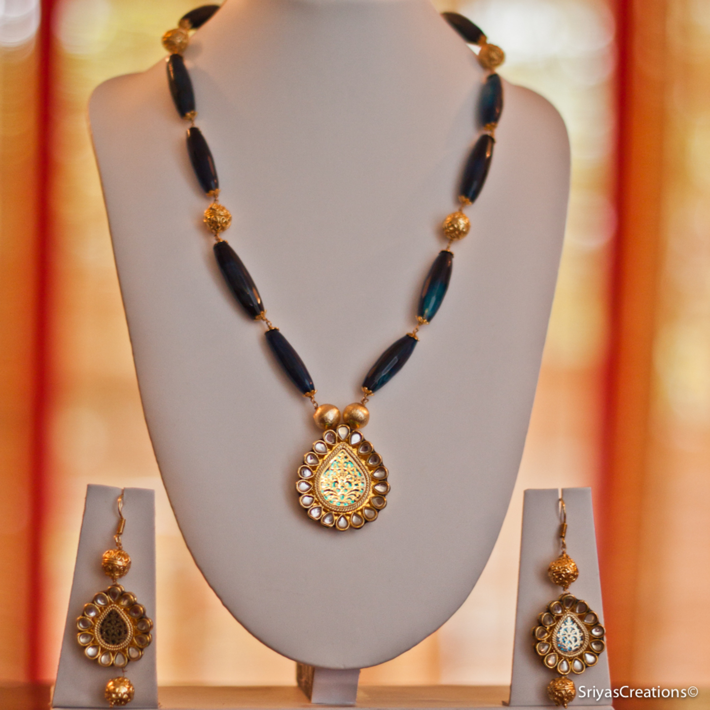 Navy Blue Kundan Agate Gemstone Designer Jewelry Set