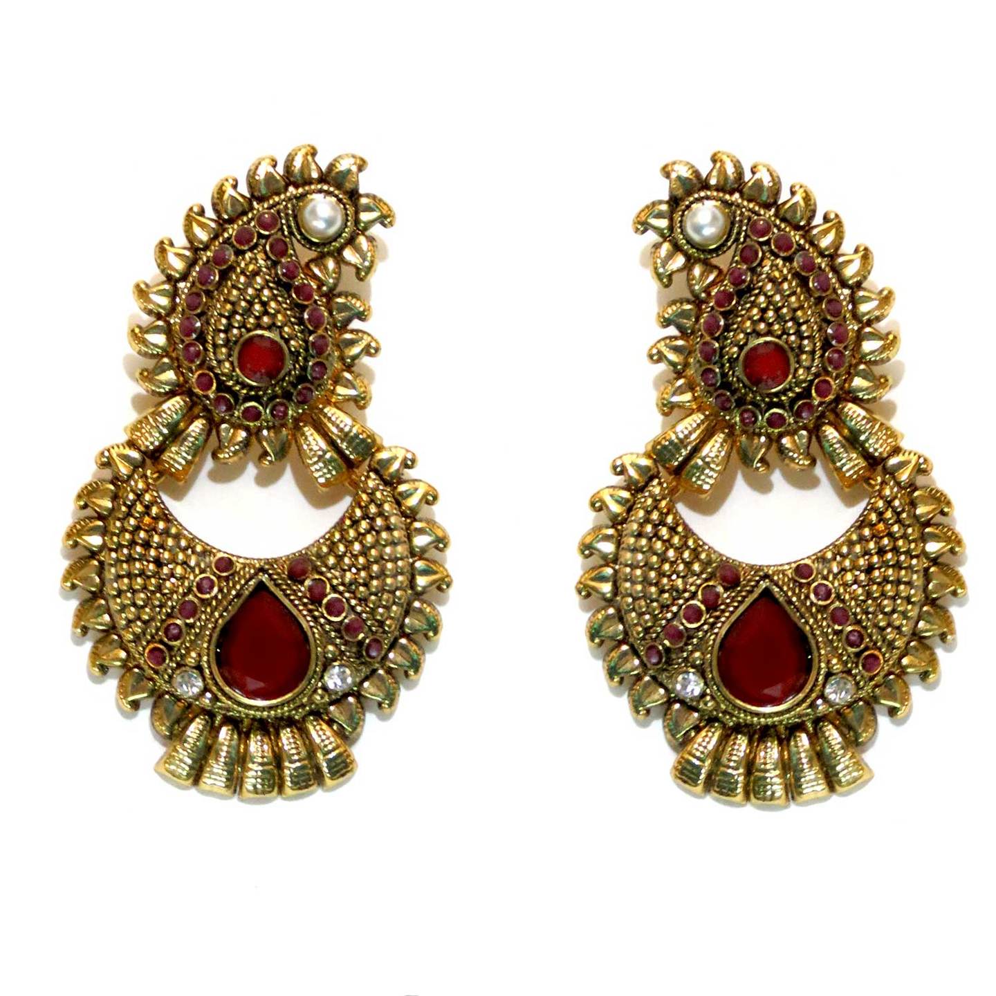 Paisley Stud Crescent Drop Earrings - Red