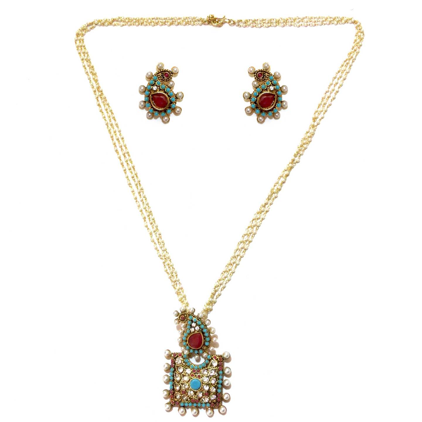 Multistone Paisley & Square Drop Pendant Set- Red & Turquoise