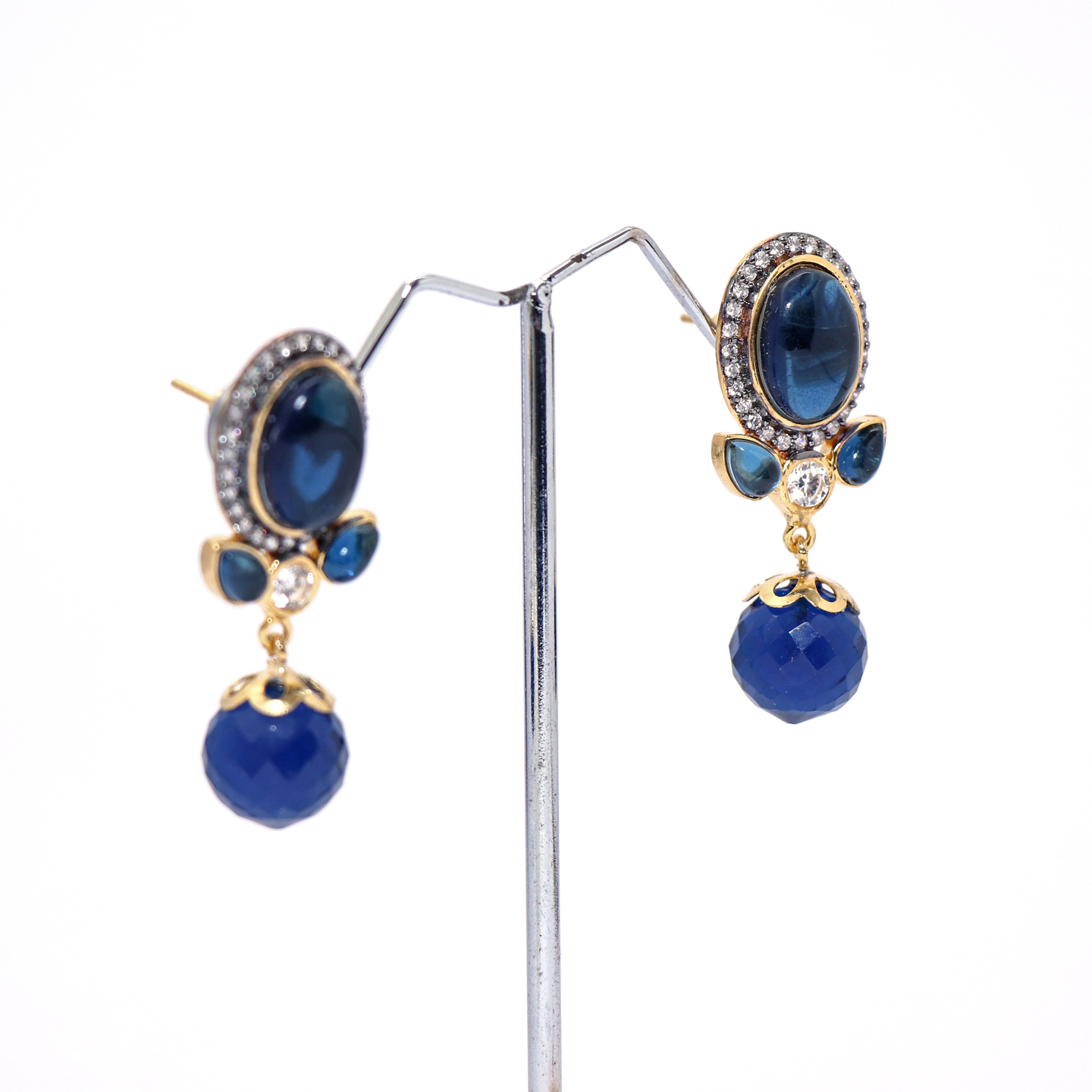 Navy Blue Oval Leaf Drop Earrings