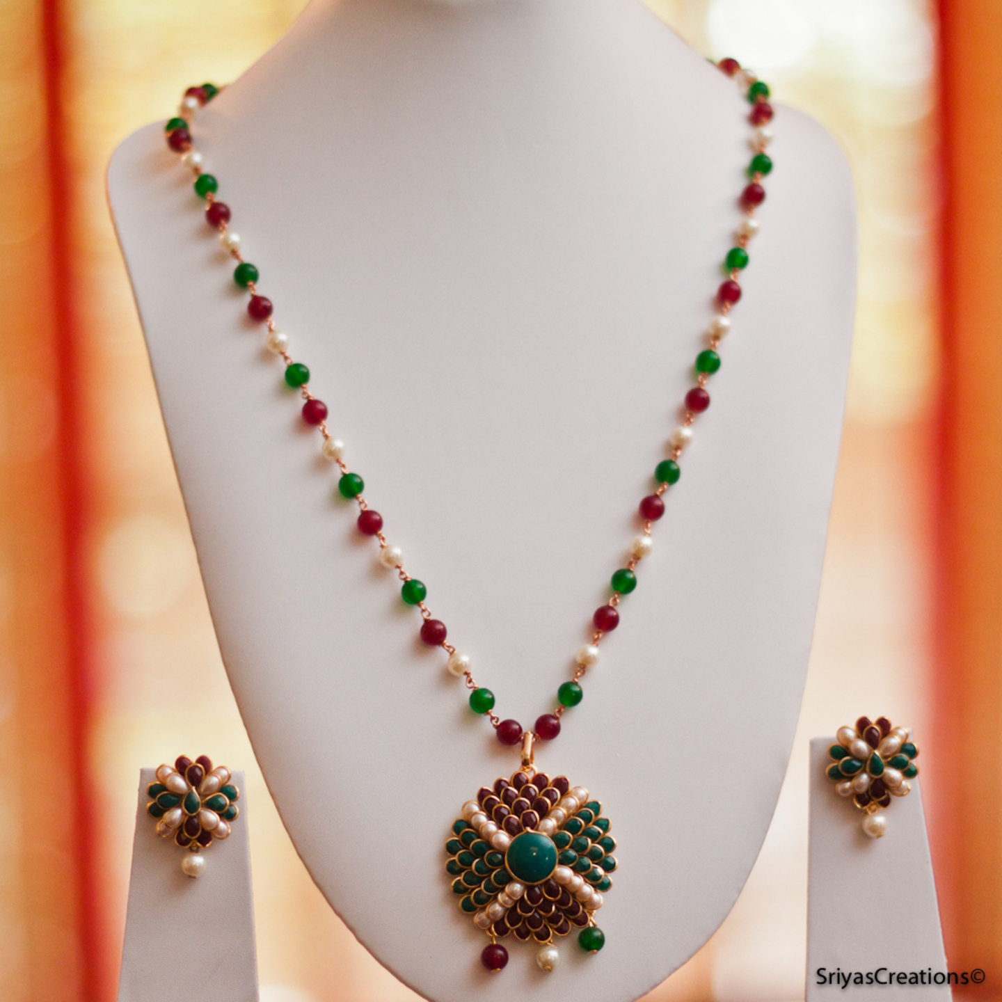 Pearl Red Green Multi Pachi Gemstone Handmade Necklace Set