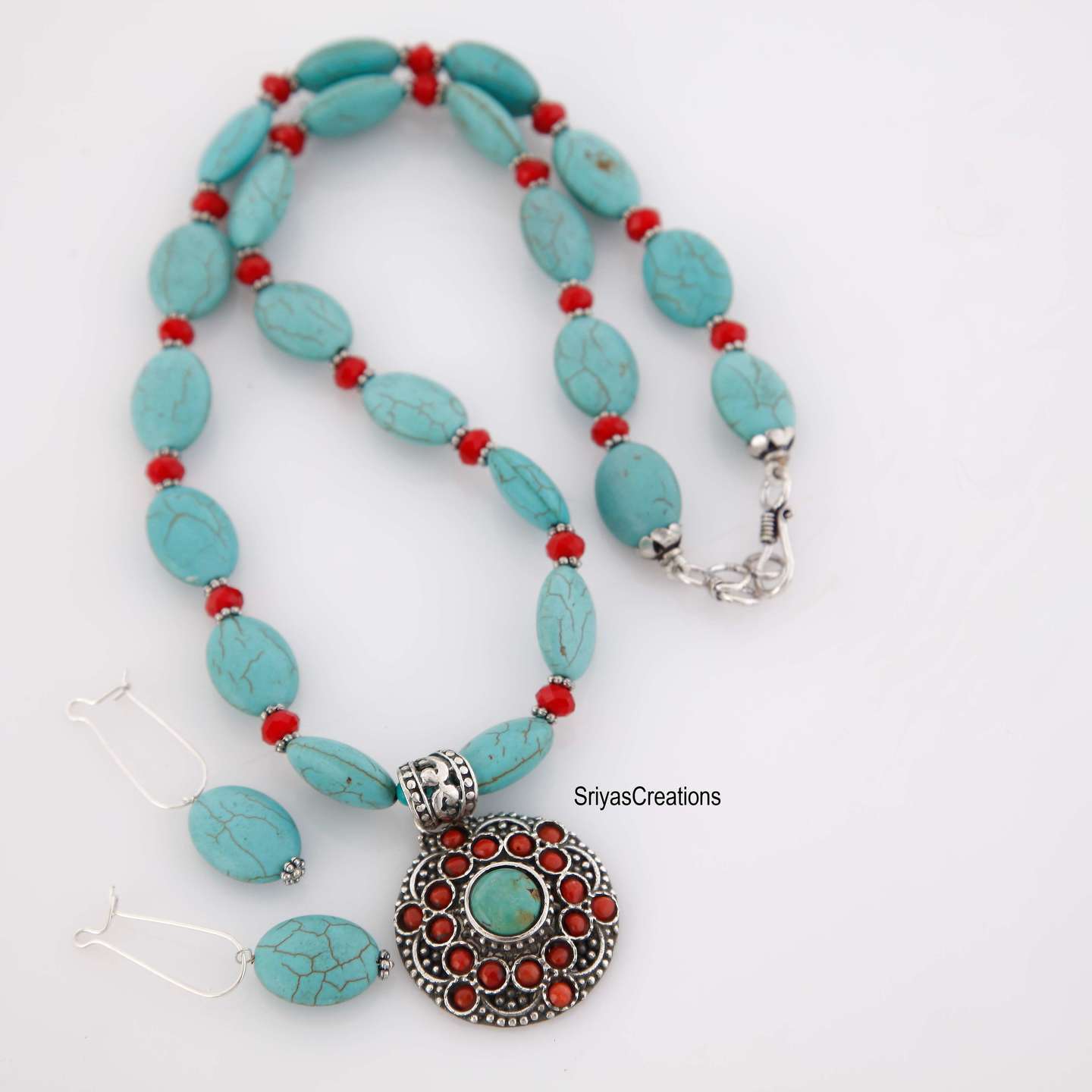 Turquoise Red Stone Studded Silver Tone Handmade Necklace