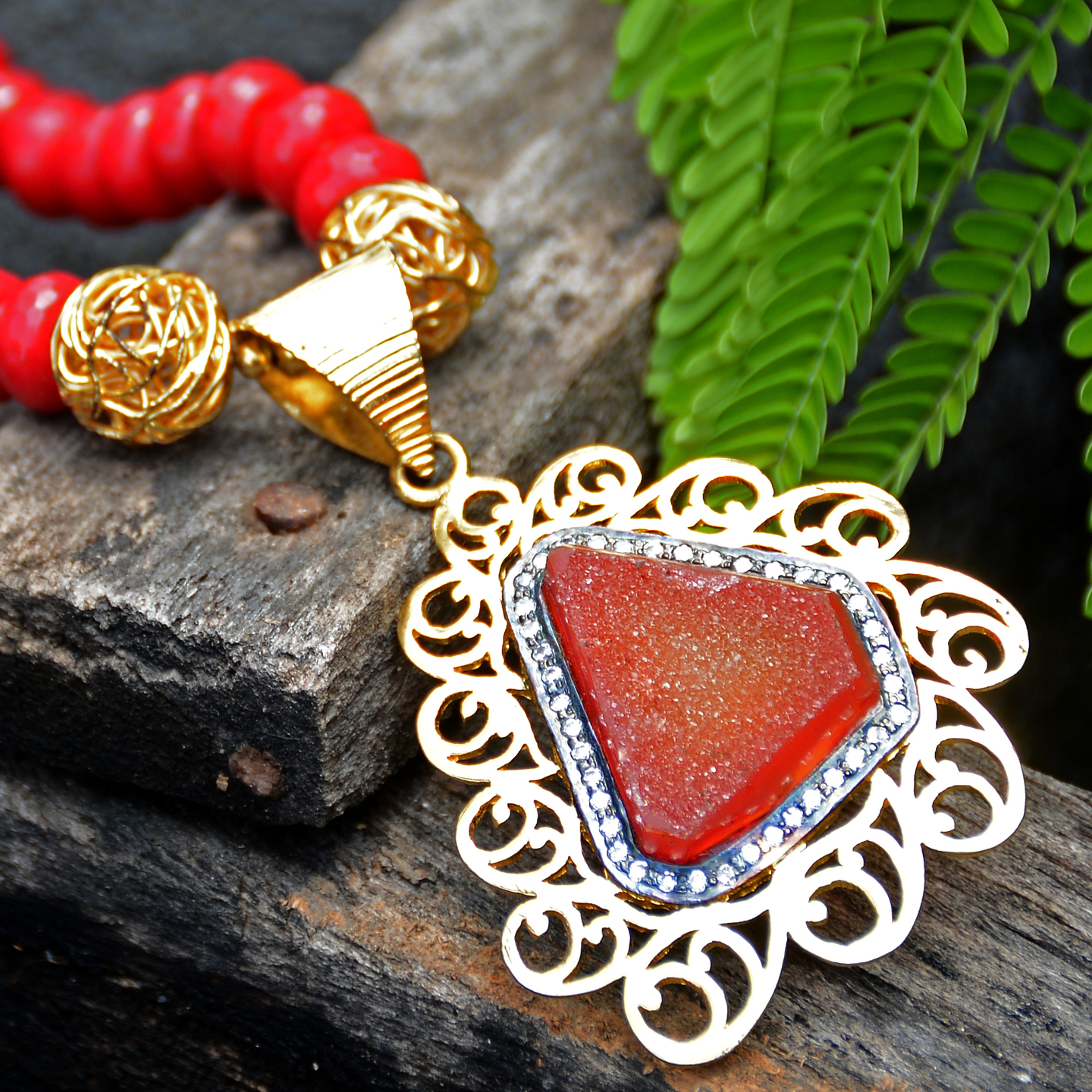 Coral Red Druzy Stone AD Pendant Necklace