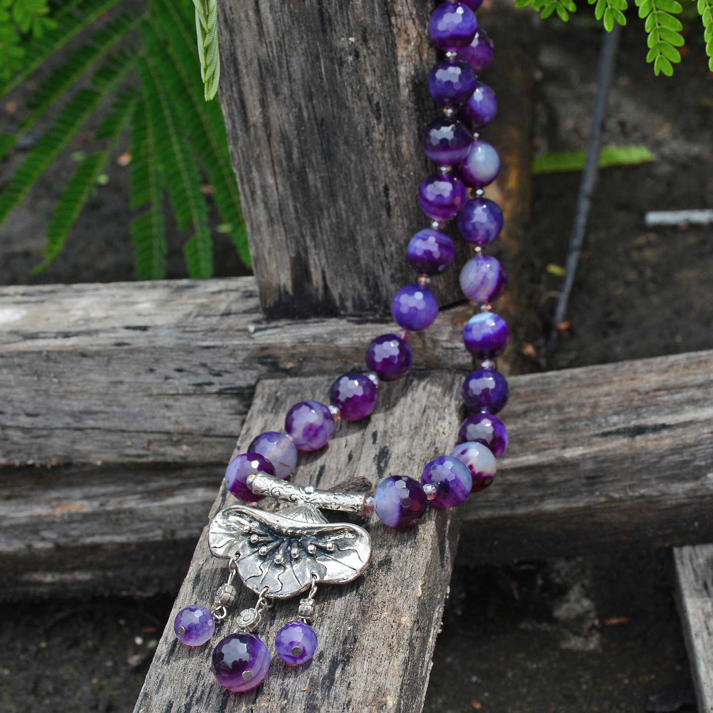 Purple Silver Tone Floral Gemstone Handmade Set