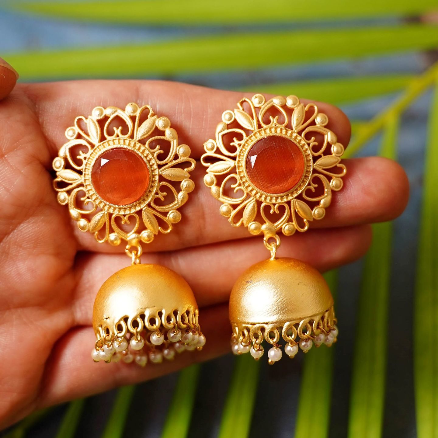Orange Stone Floral Top Jhumka