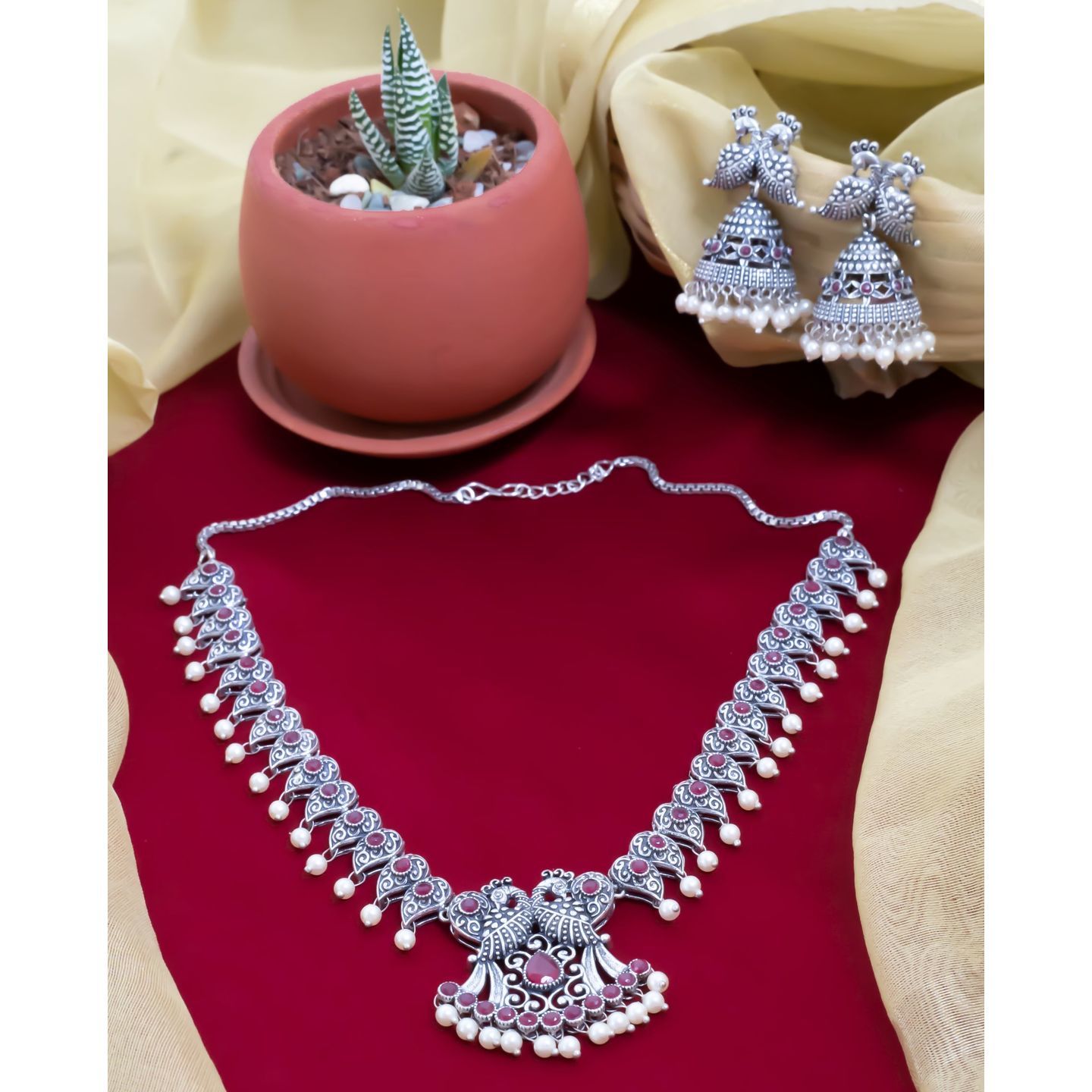 Red Peacock Leaf shaped Neckpiece & Jhumka Earring Set