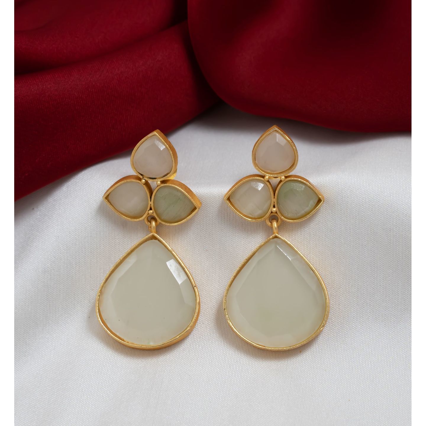 Cream Three Leaf Stone Drop Danglers