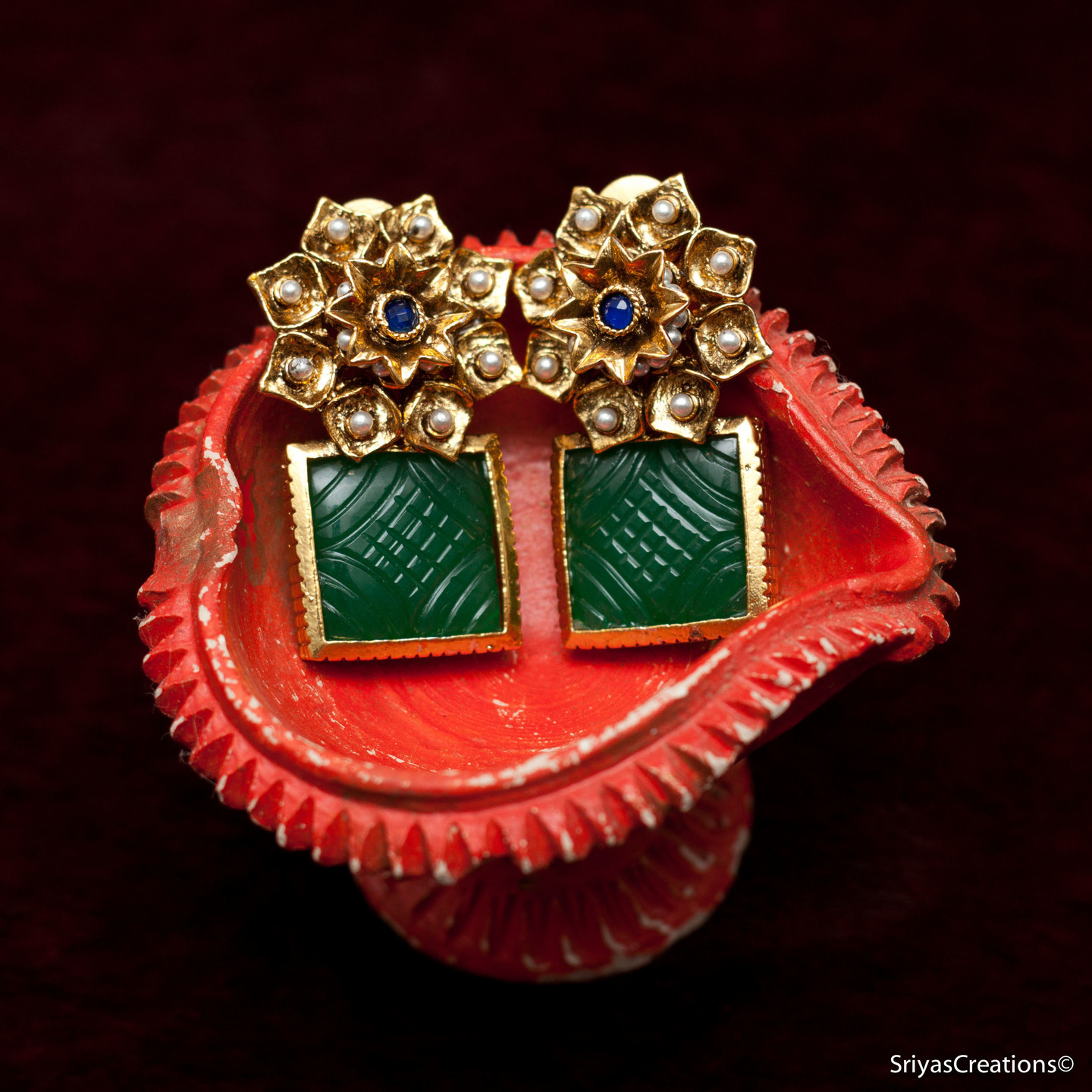 Pearl Floral Blue Green Square Earrings