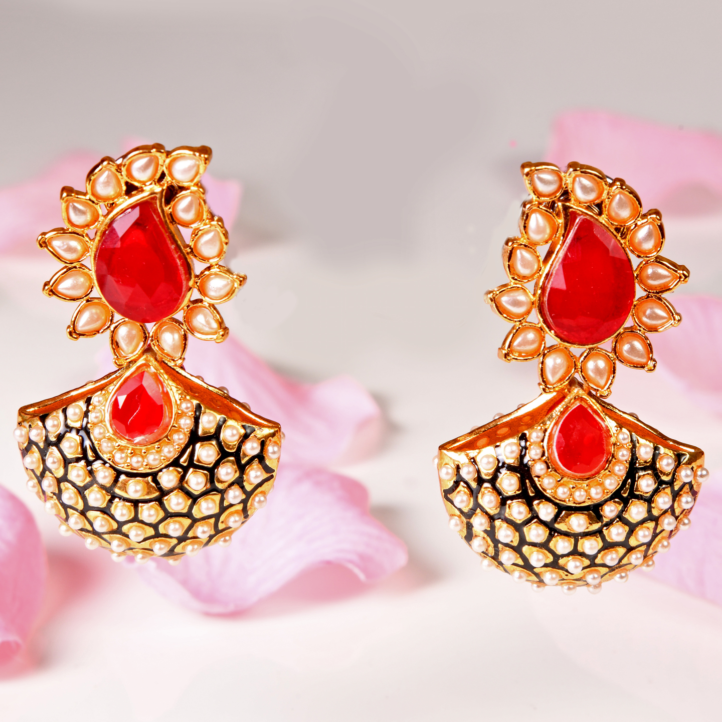 Pearl Stone Studded Paisely Drop Earring - Red