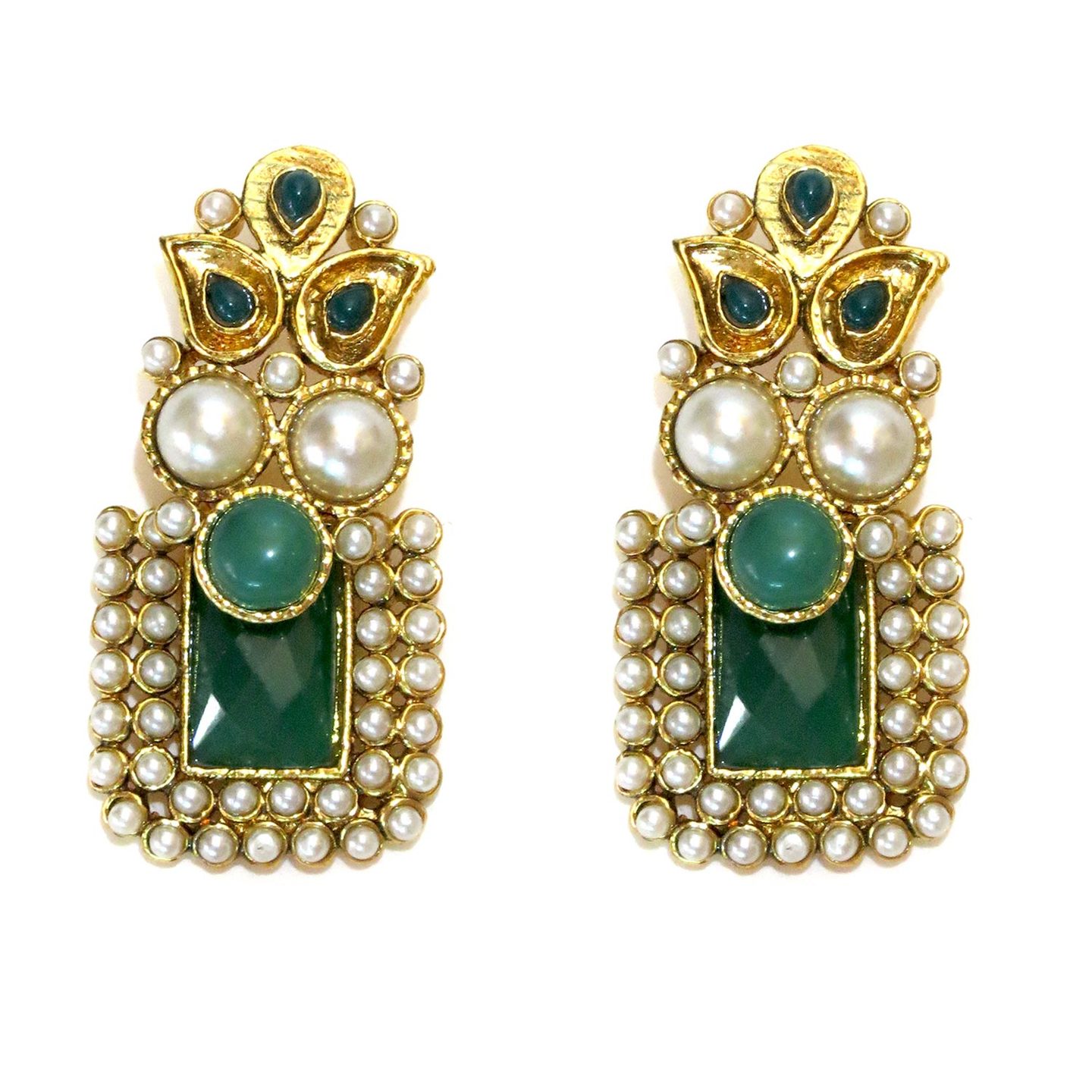 Rectangle Stone Drop Earrings - Green