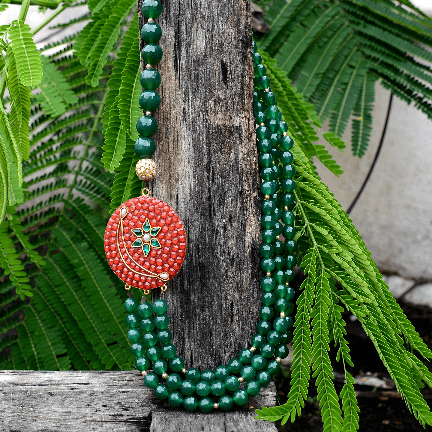 Green Layered & Rust Side Pendant Handmade Gemstone Necklace Set