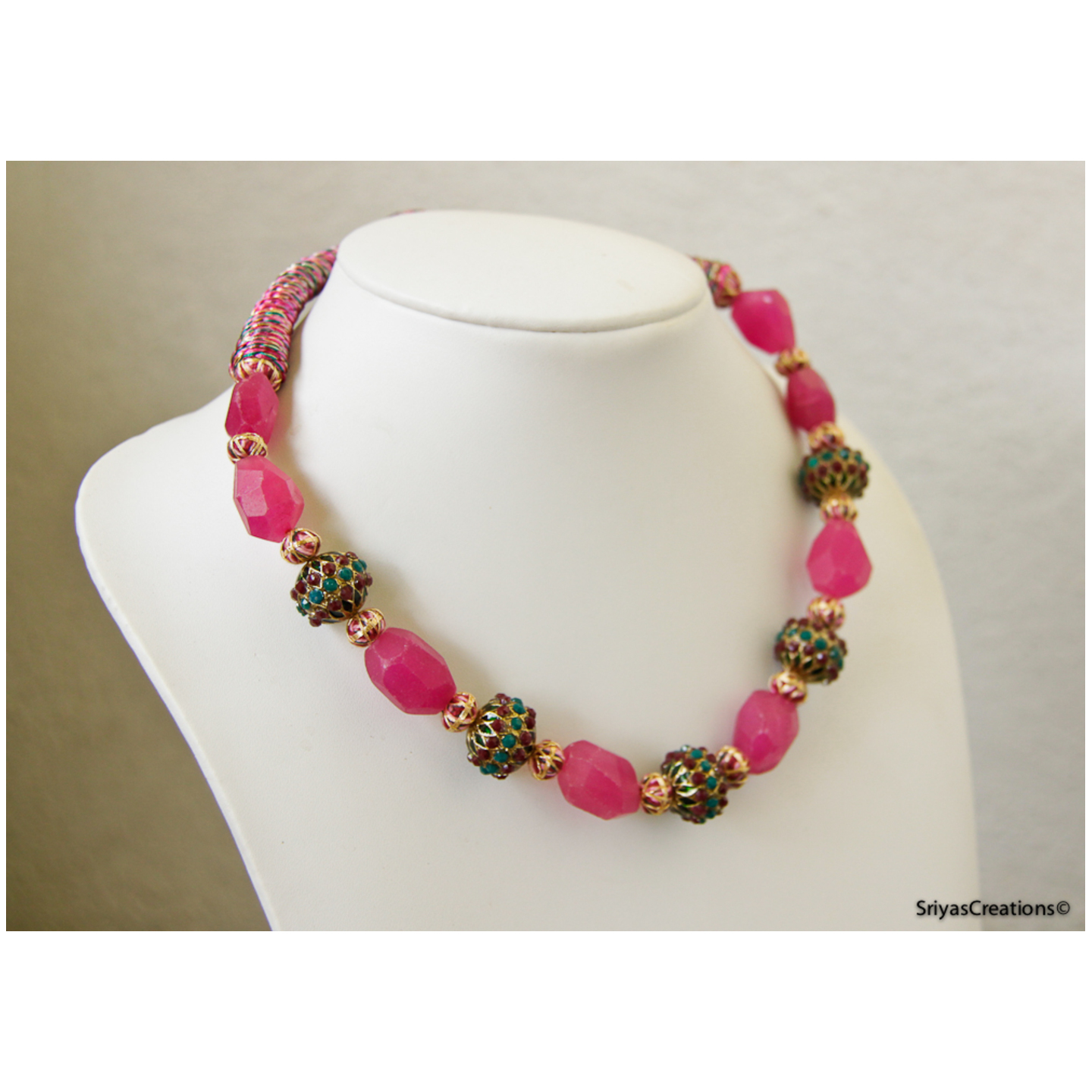 Pink Stone & Red& Green Enamel Pearl Thread Necklace