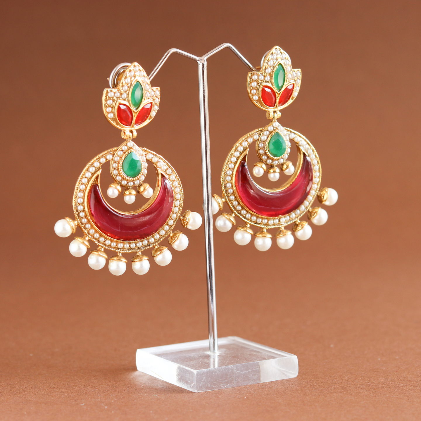 Red Green Floral Chandbali Dangler Earllings