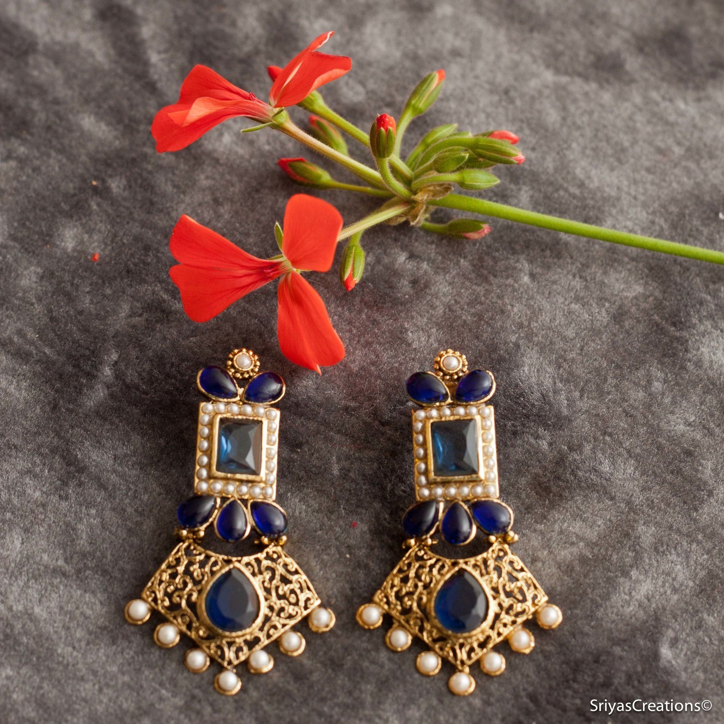 Blue Gold Jali Earring