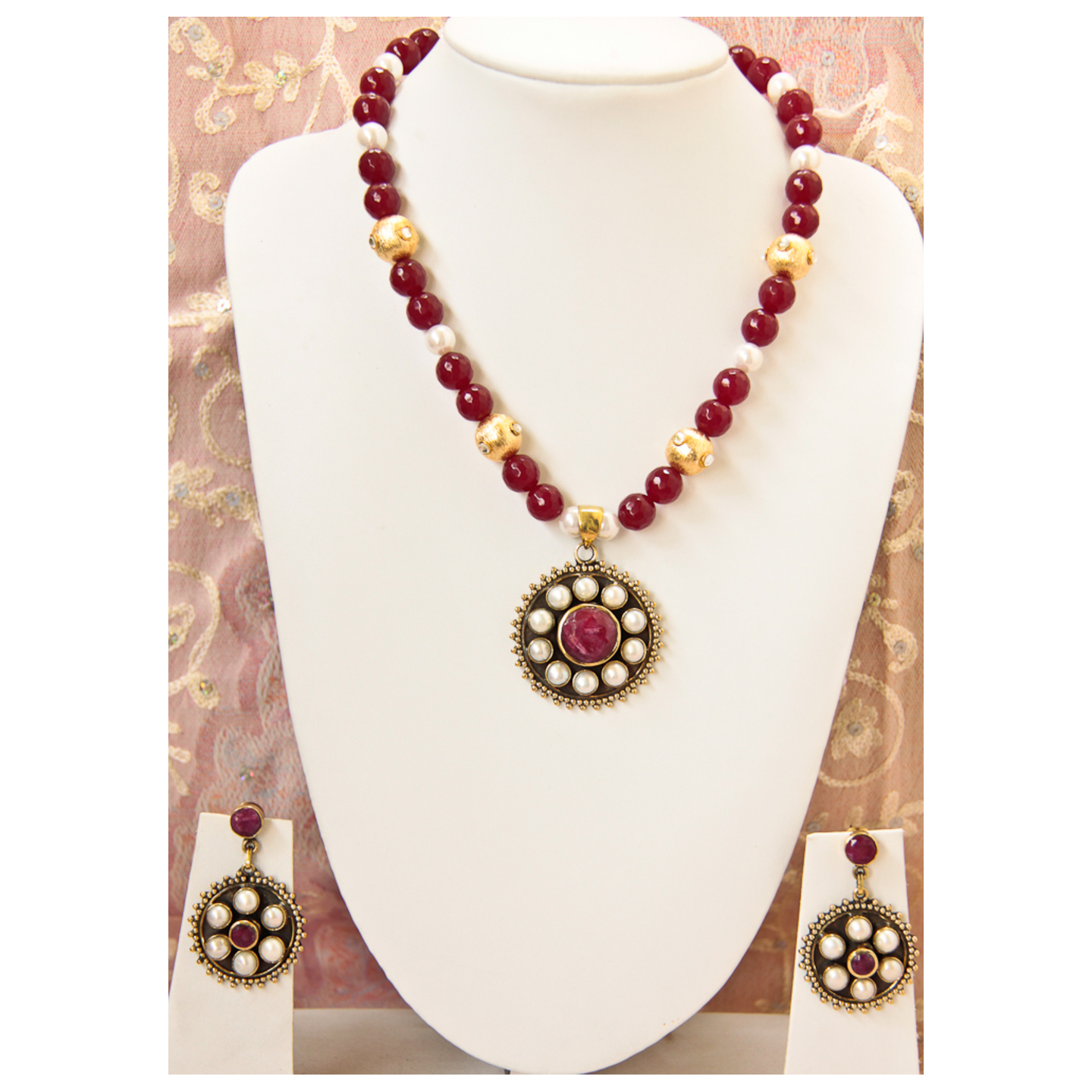 Ruby Pearl Victorian Pendant Set