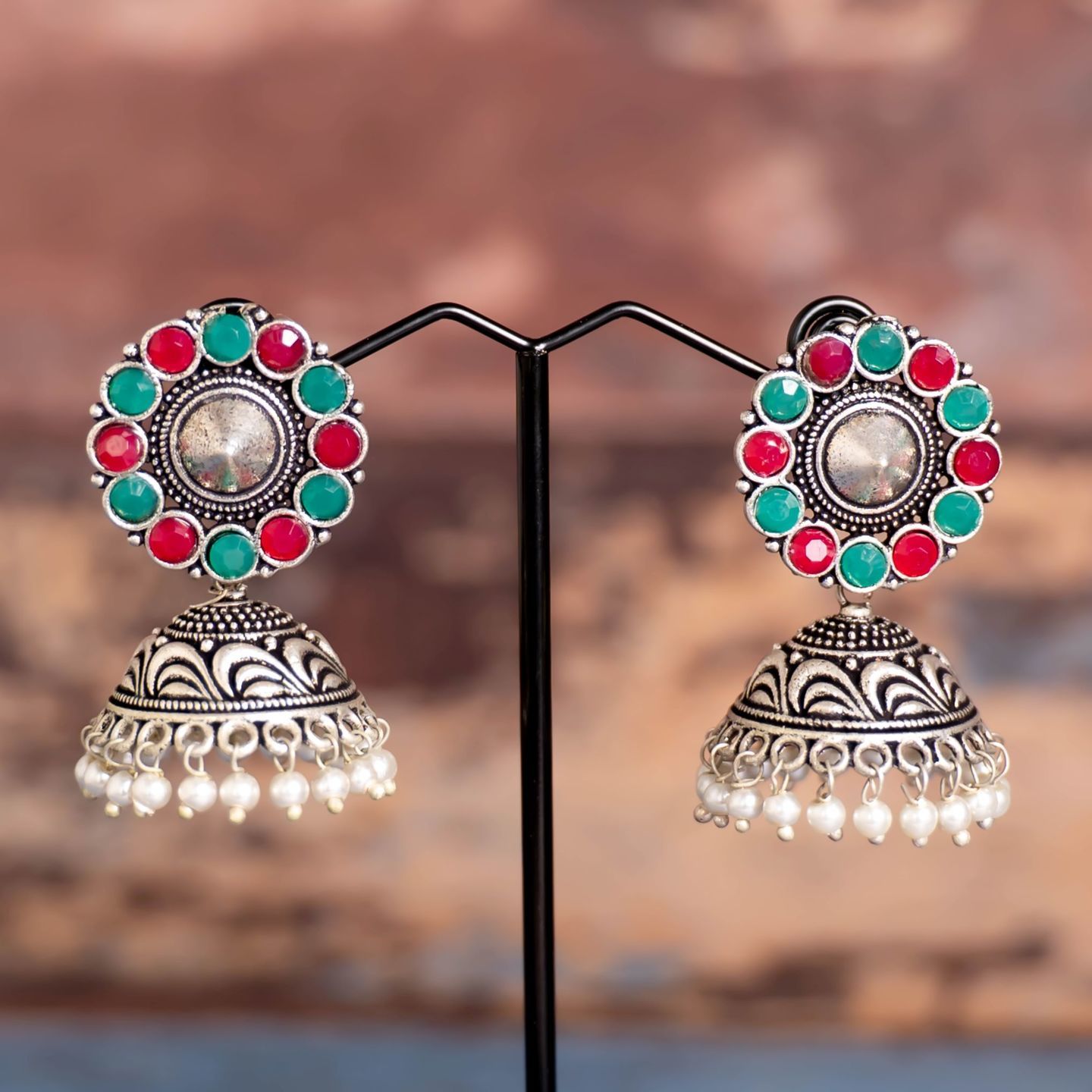 Green Red Multi Stone Top & Jhumka