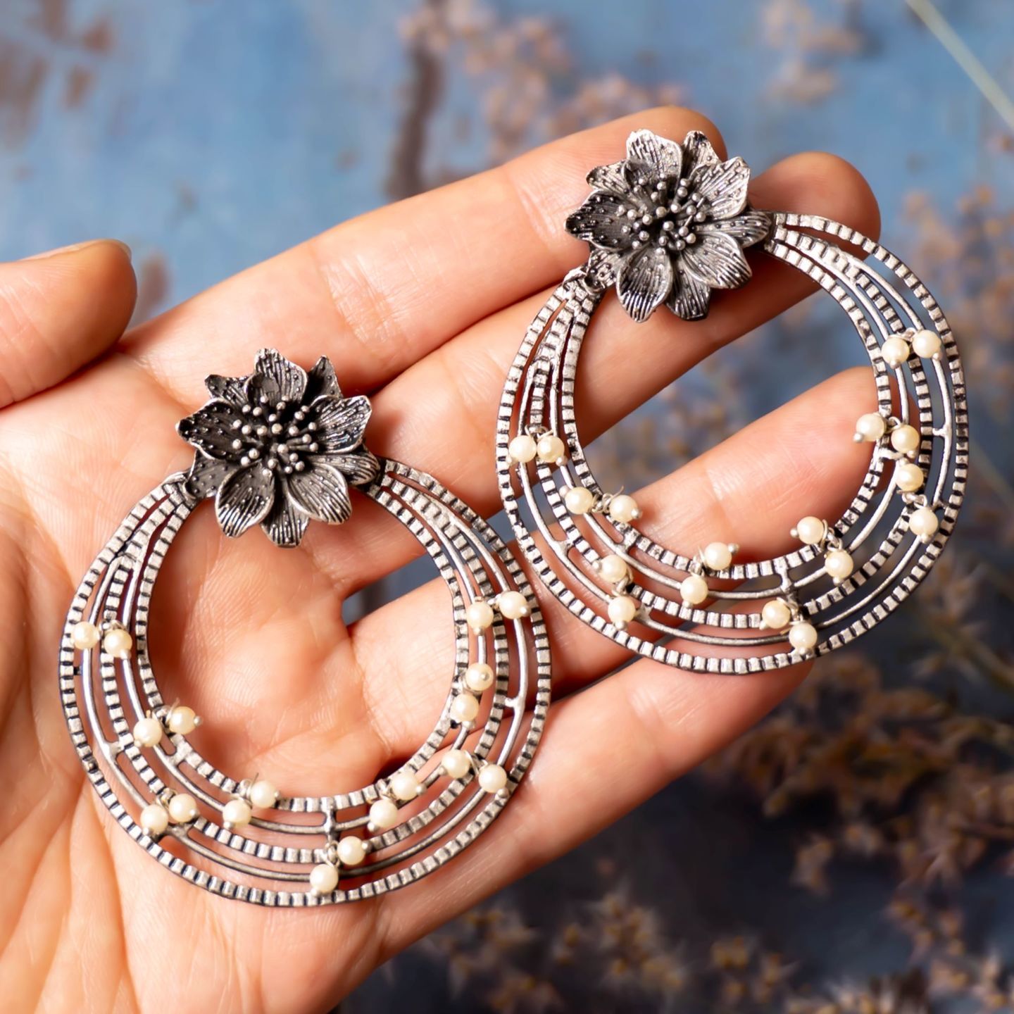 Floral Pearl Silver Moon Magic Earring