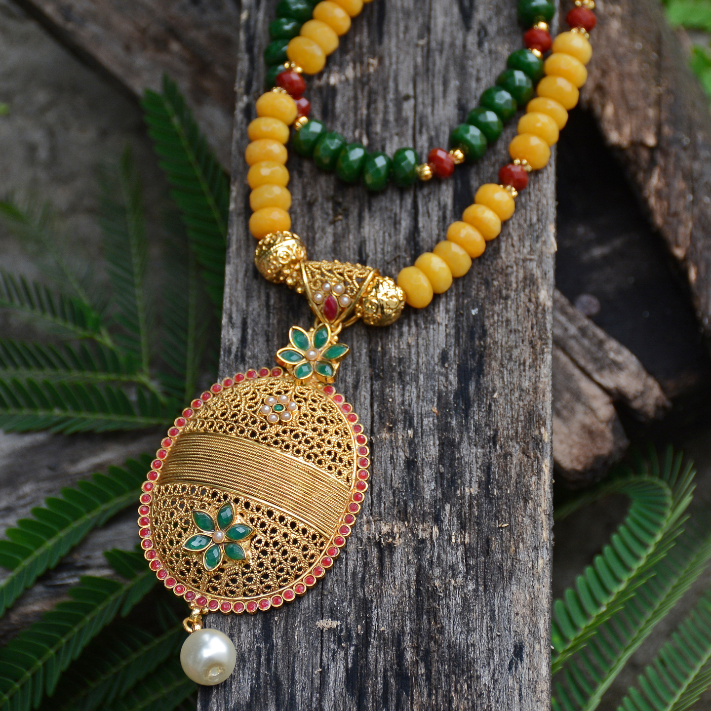 Yellow, Green Beaded & Gold Jali Work Pendant Necklace Set