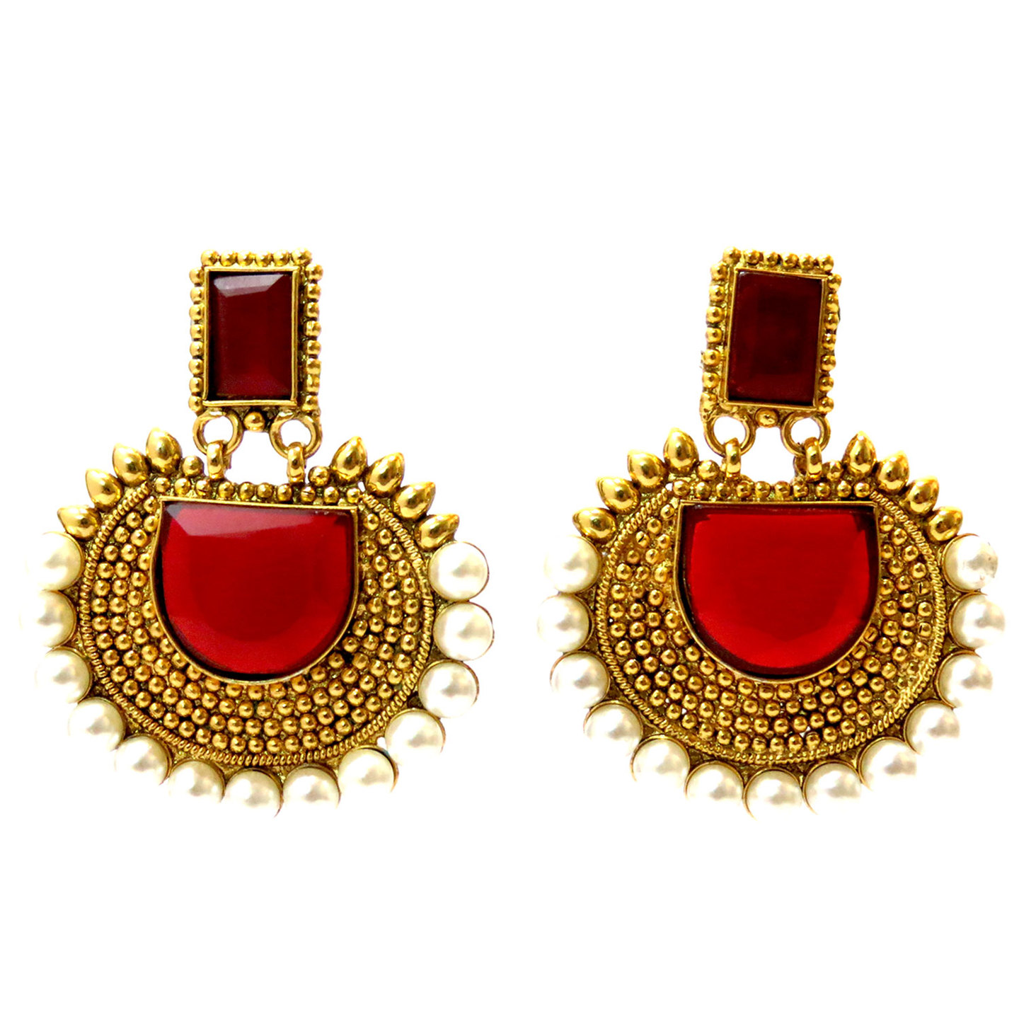 Rectangular Semicircle Stone Earrings - Red