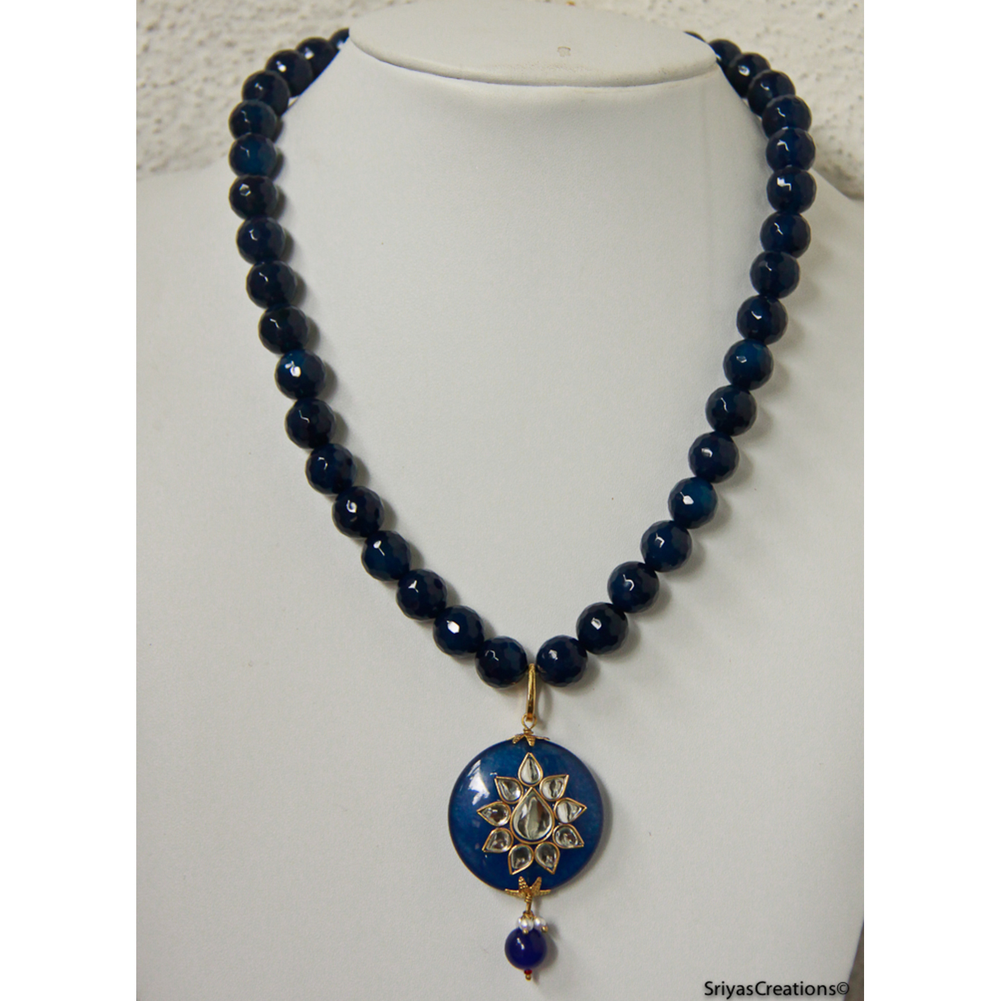 Midnite Blue Beaded Round Kundan Pendant Necklace Set