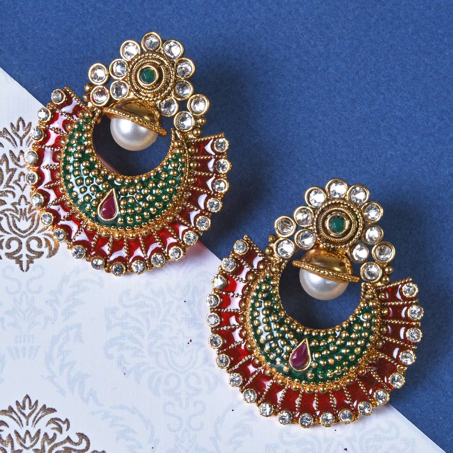 Multi Polki Moon Shaped Earrings