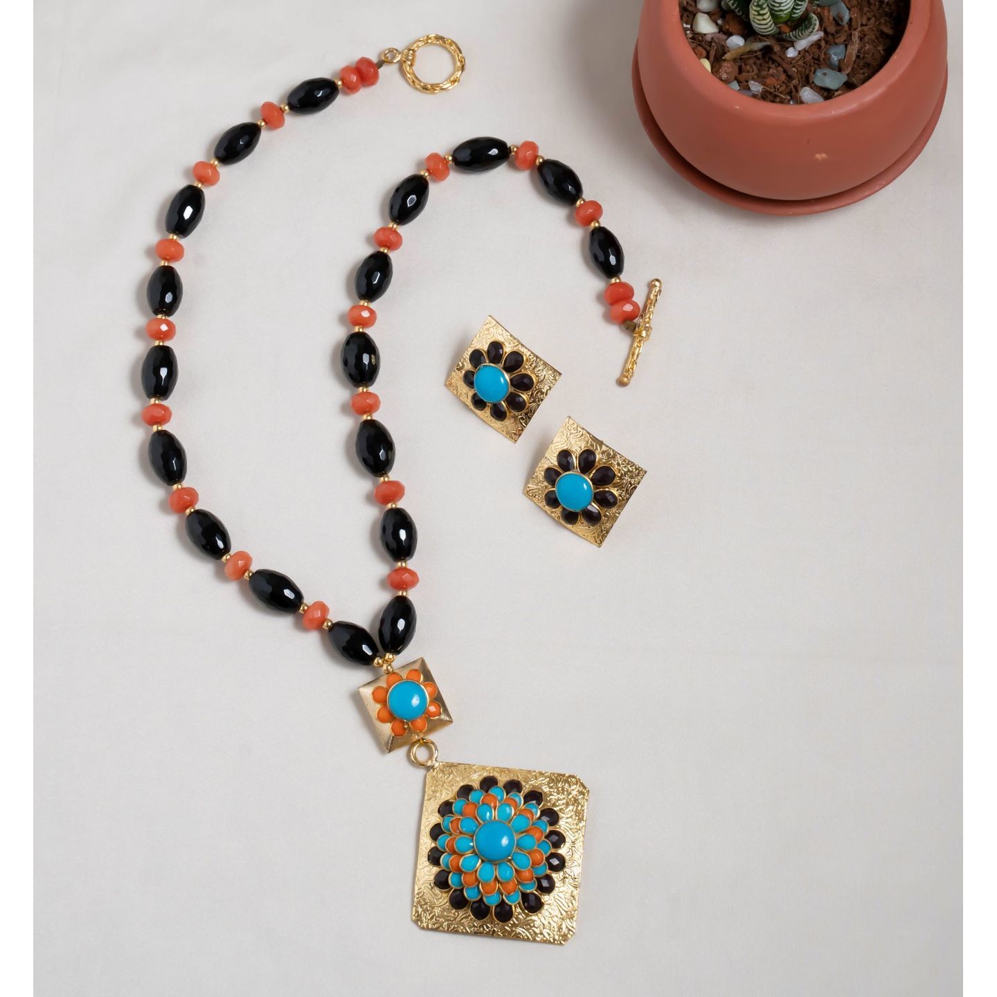 Black Blue Orange Pachi Handmade Necklace Set