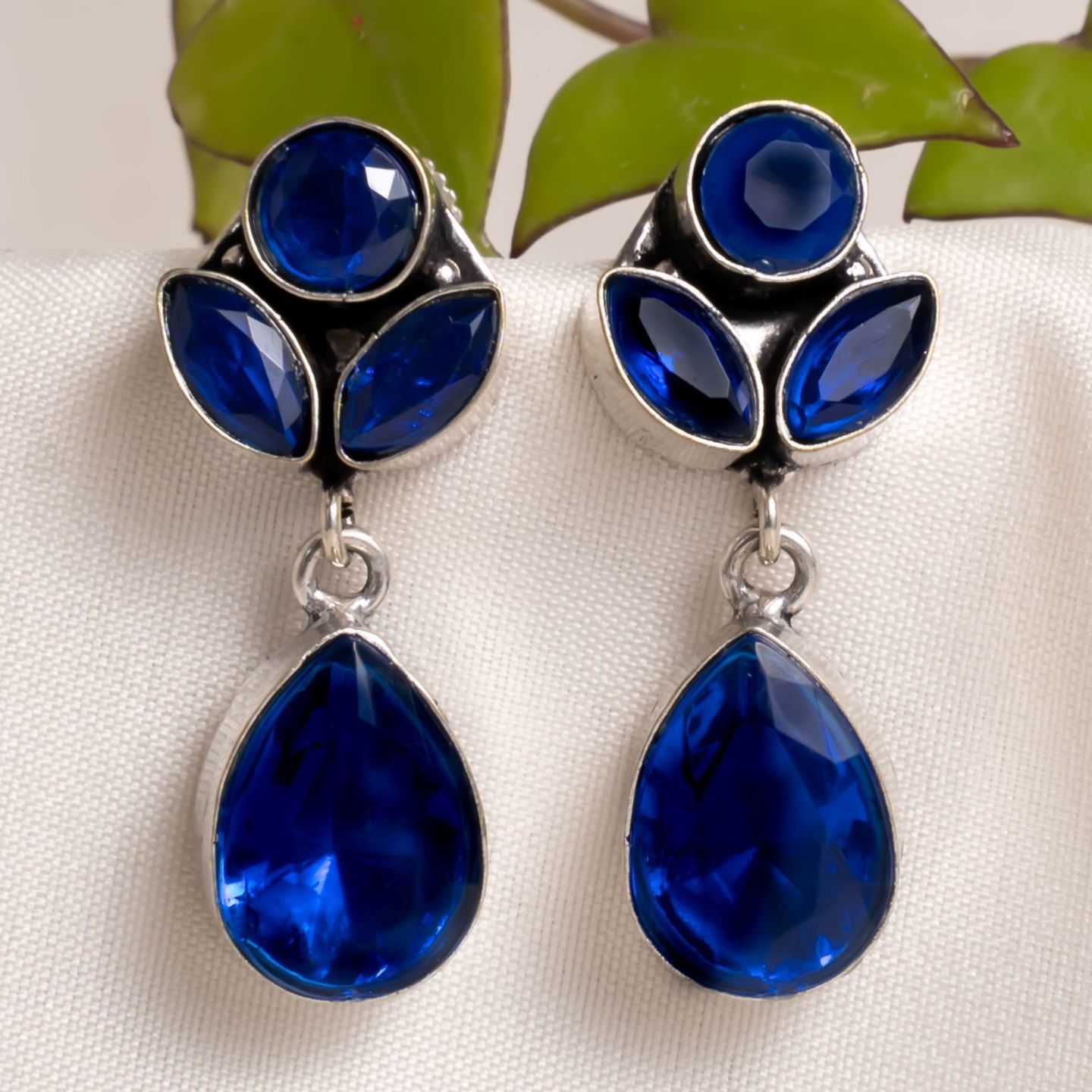 Blue Three Stone Top Drop Earrings