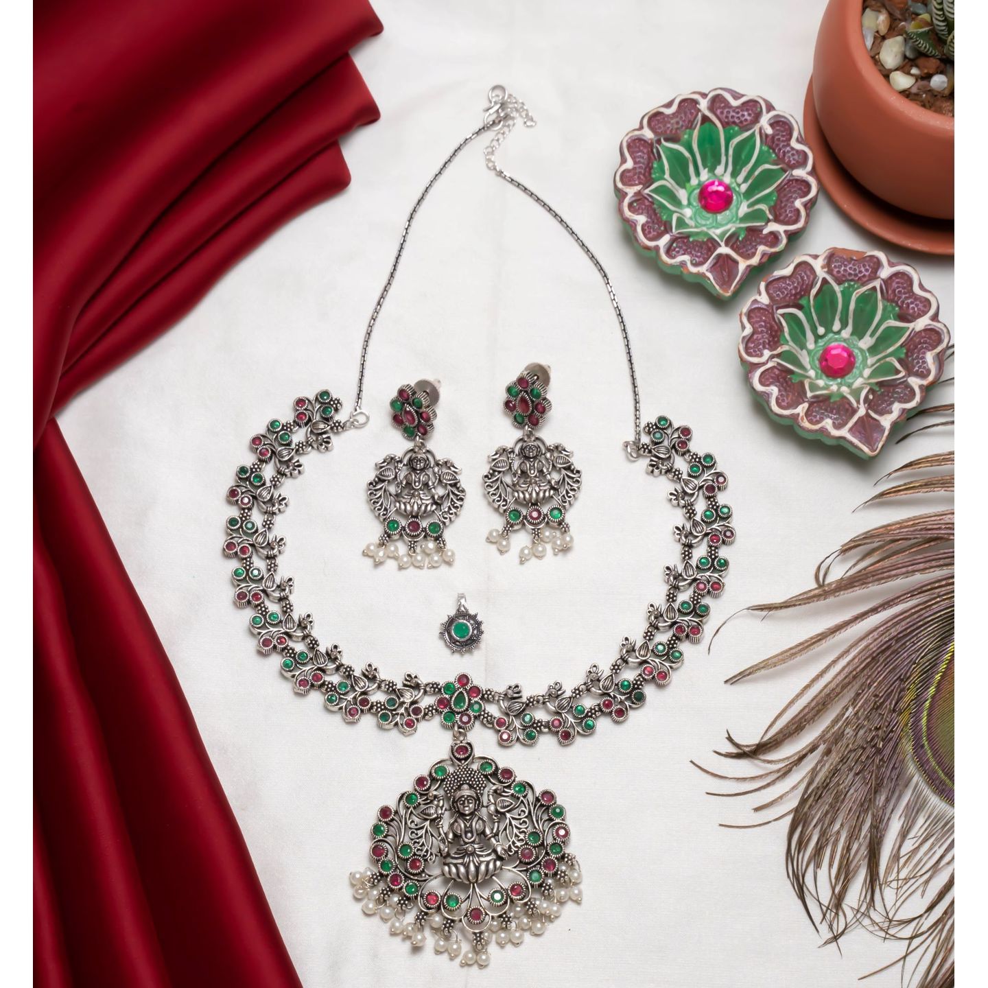 Red Green Stone Peacock Lakshmi Long Hara Set