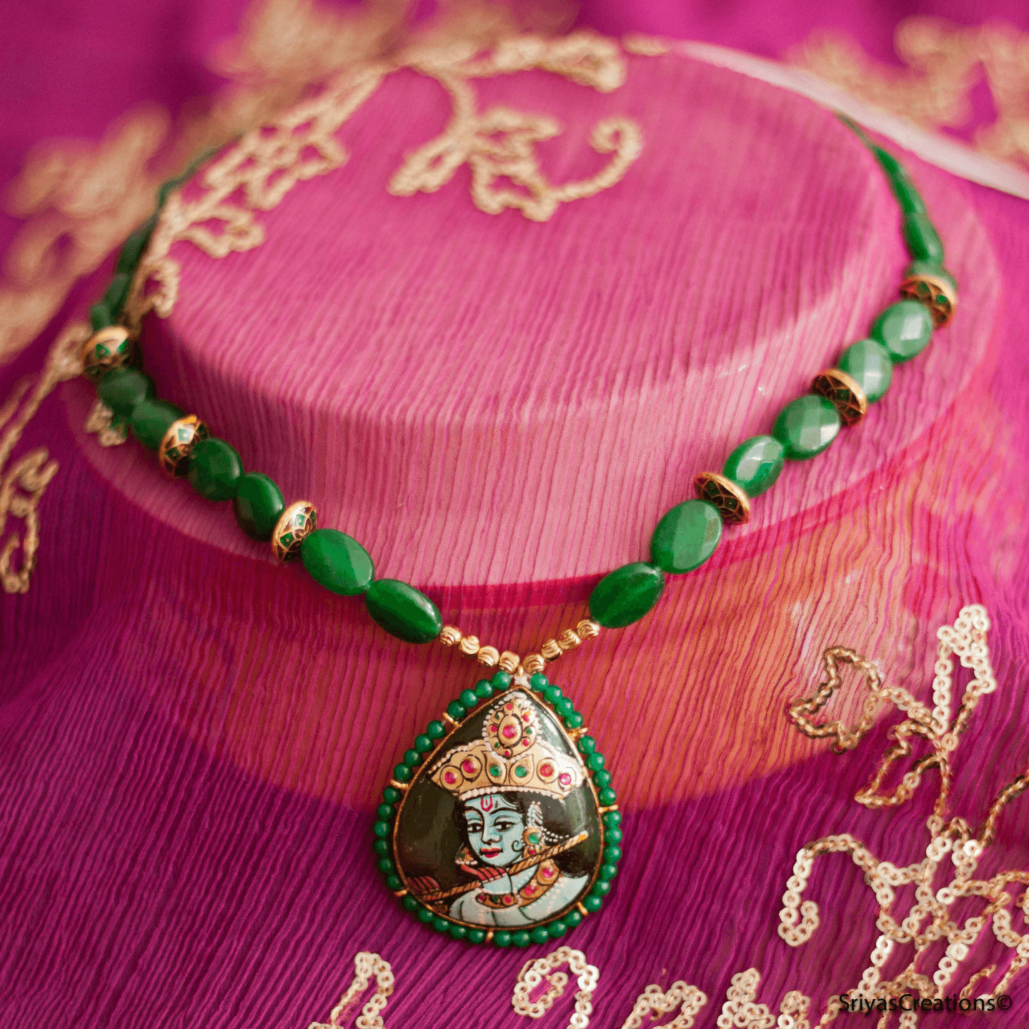 Tanjore Painted Handmade Green Gemstone Krishna Pendant Earrings Set