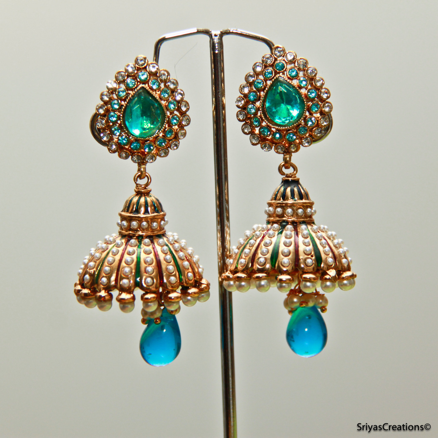 Blue Drop & Pearl Studded Jhumka