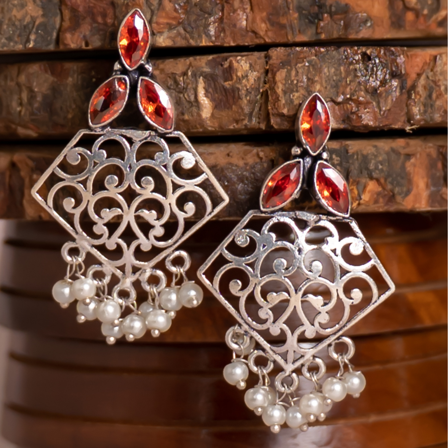 Red Three Stone Silver Jali Earrings