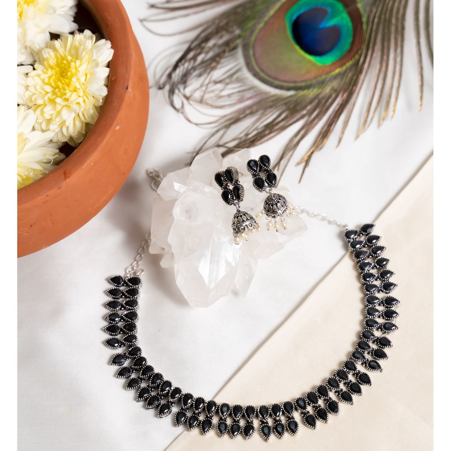 Black Drop Stone Two Layer Silver Tone Necklace Set